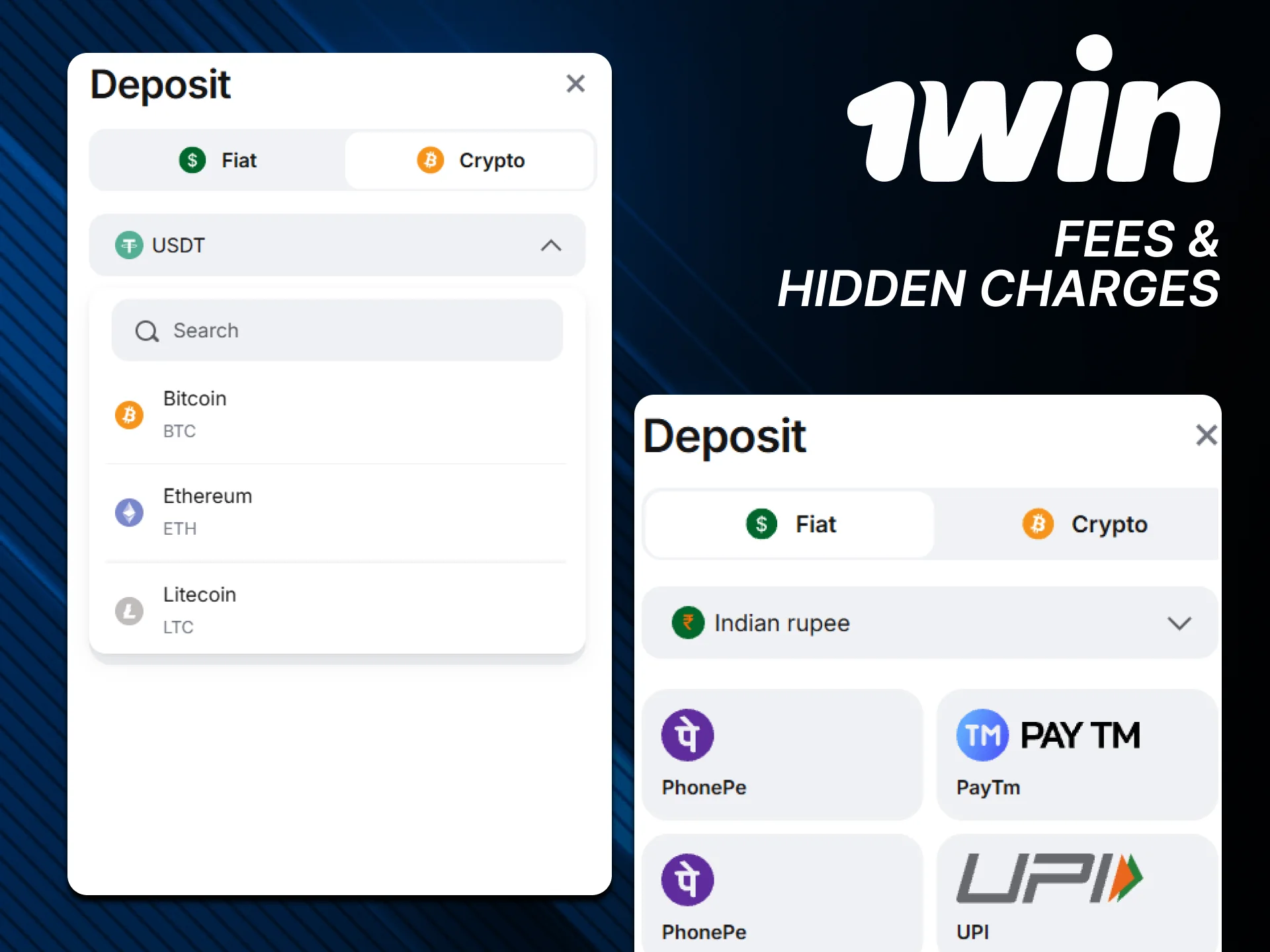 Deposit with zero fees on official 1win website.