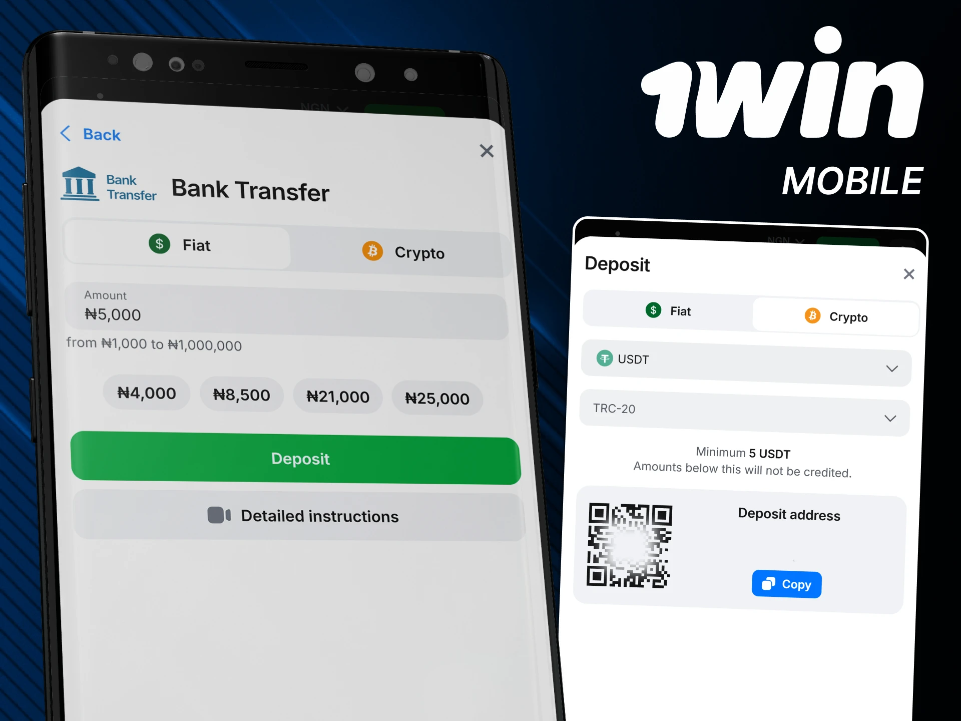 Use the 1win app on your phone to top up your 1win account.