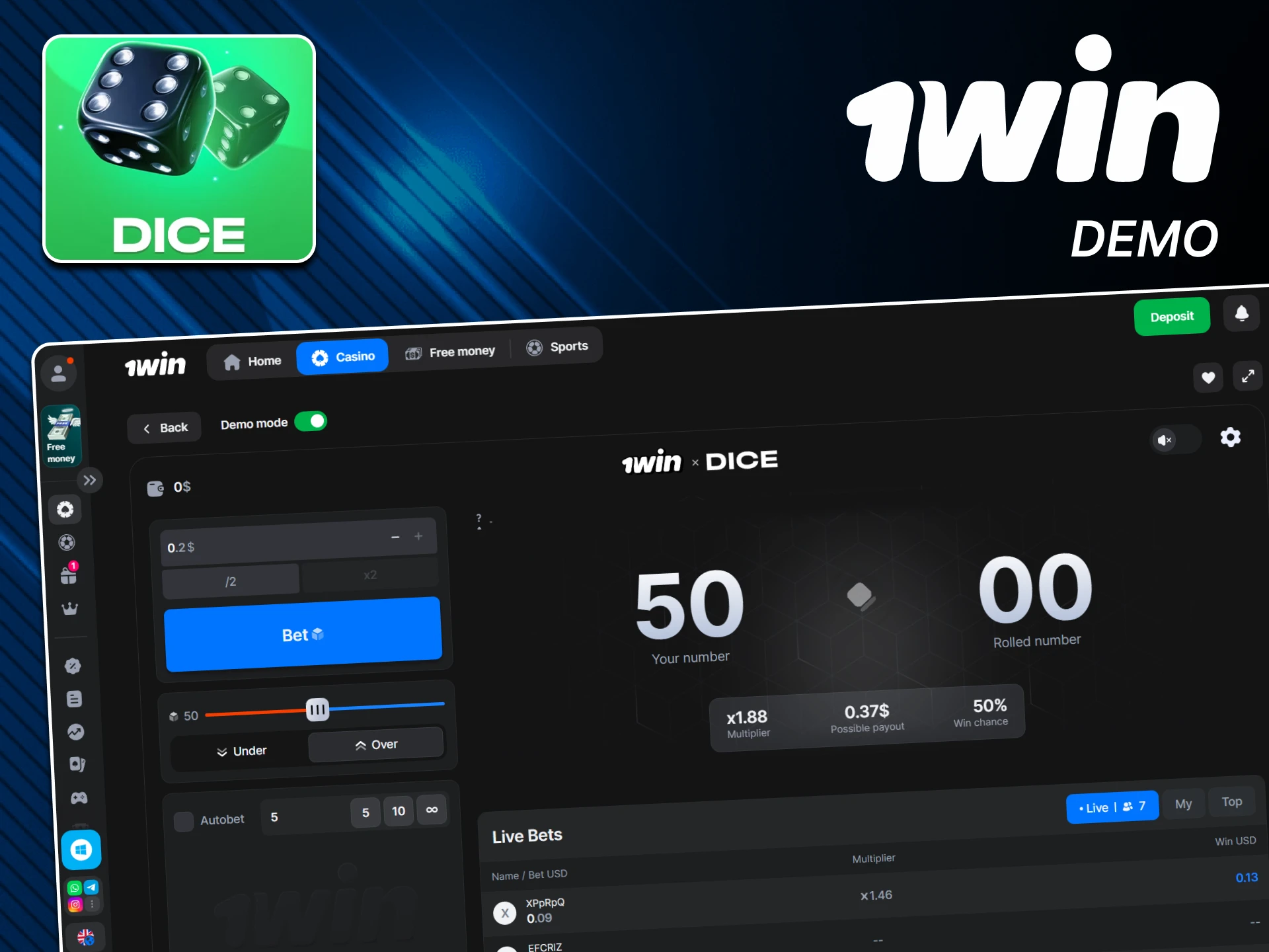 Try your hand at the free version of Dice from 1win.