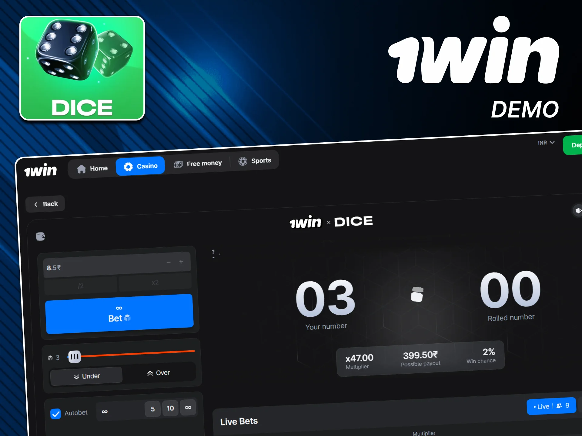 Try the official 1win Dice demo for free.