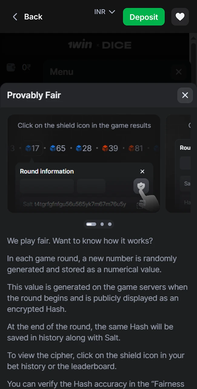 Play Provably Fair games on official 1win website.