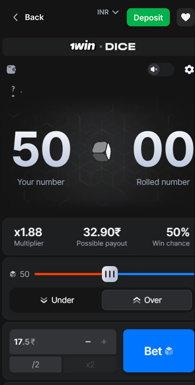 Play the official 1win Dice game and win.