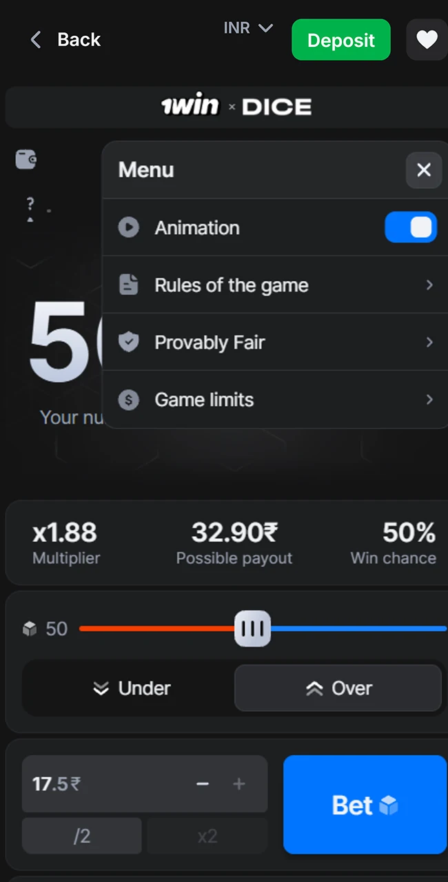 Access settings through the official 1win game menu.