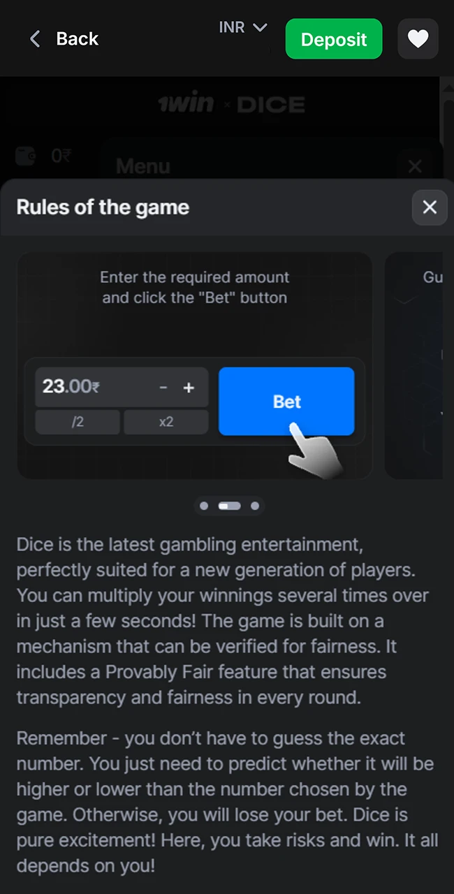 Read the official 1win Dice rules before playing.