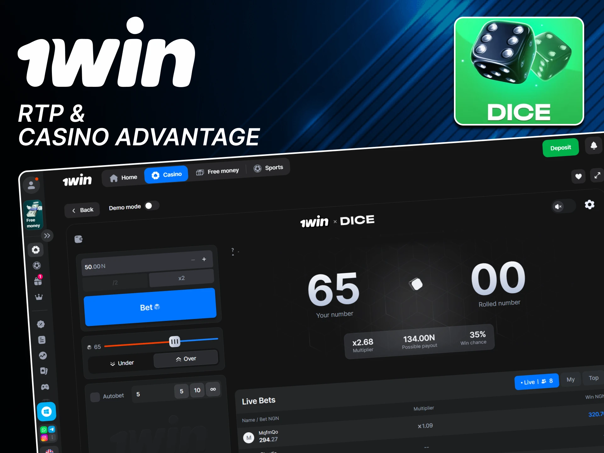 Your chances of winning Dice are high on the 1win website.