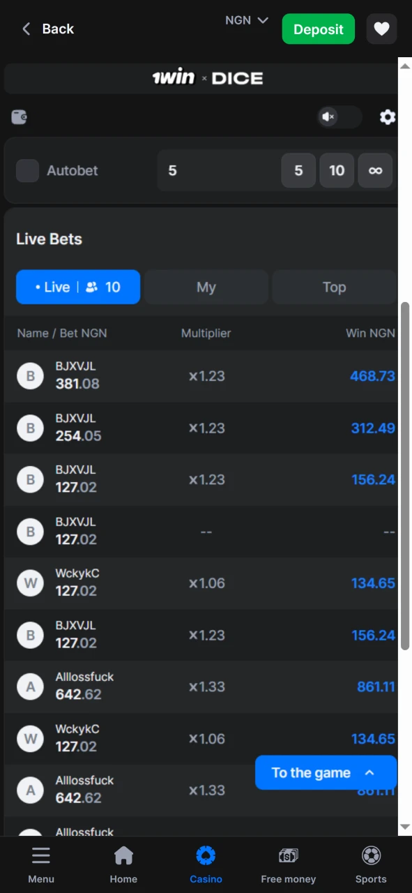 Watch the bets in the game Dice for Win.