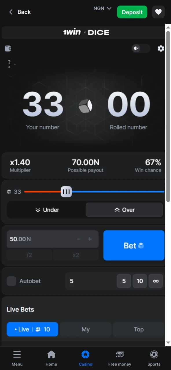 This is what the game Dice from 1win looks like.