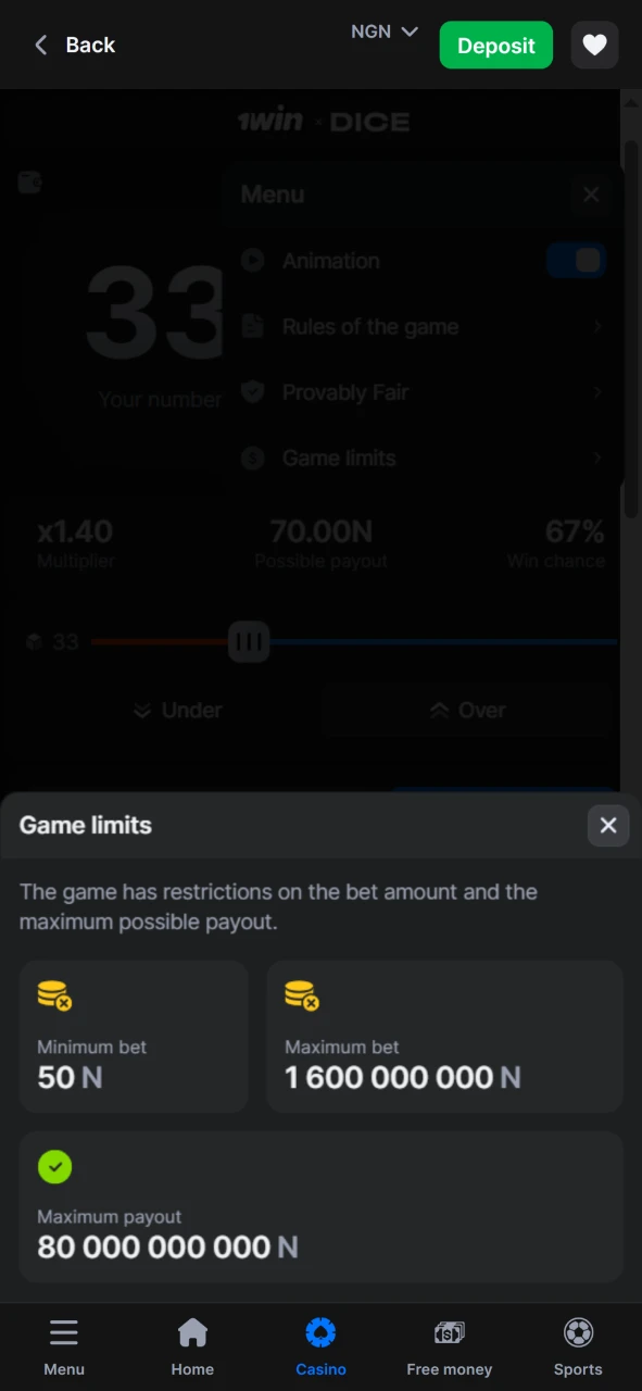 You can view the limits for Dice from 1win.