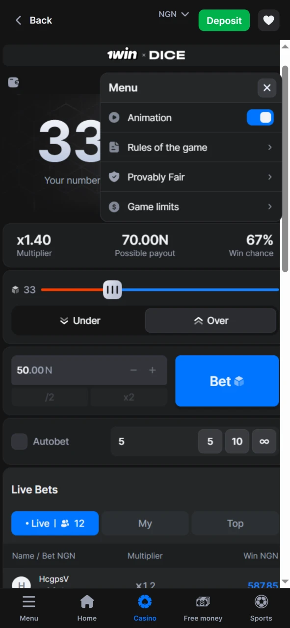 Use the menu to set up Dice from 1win.