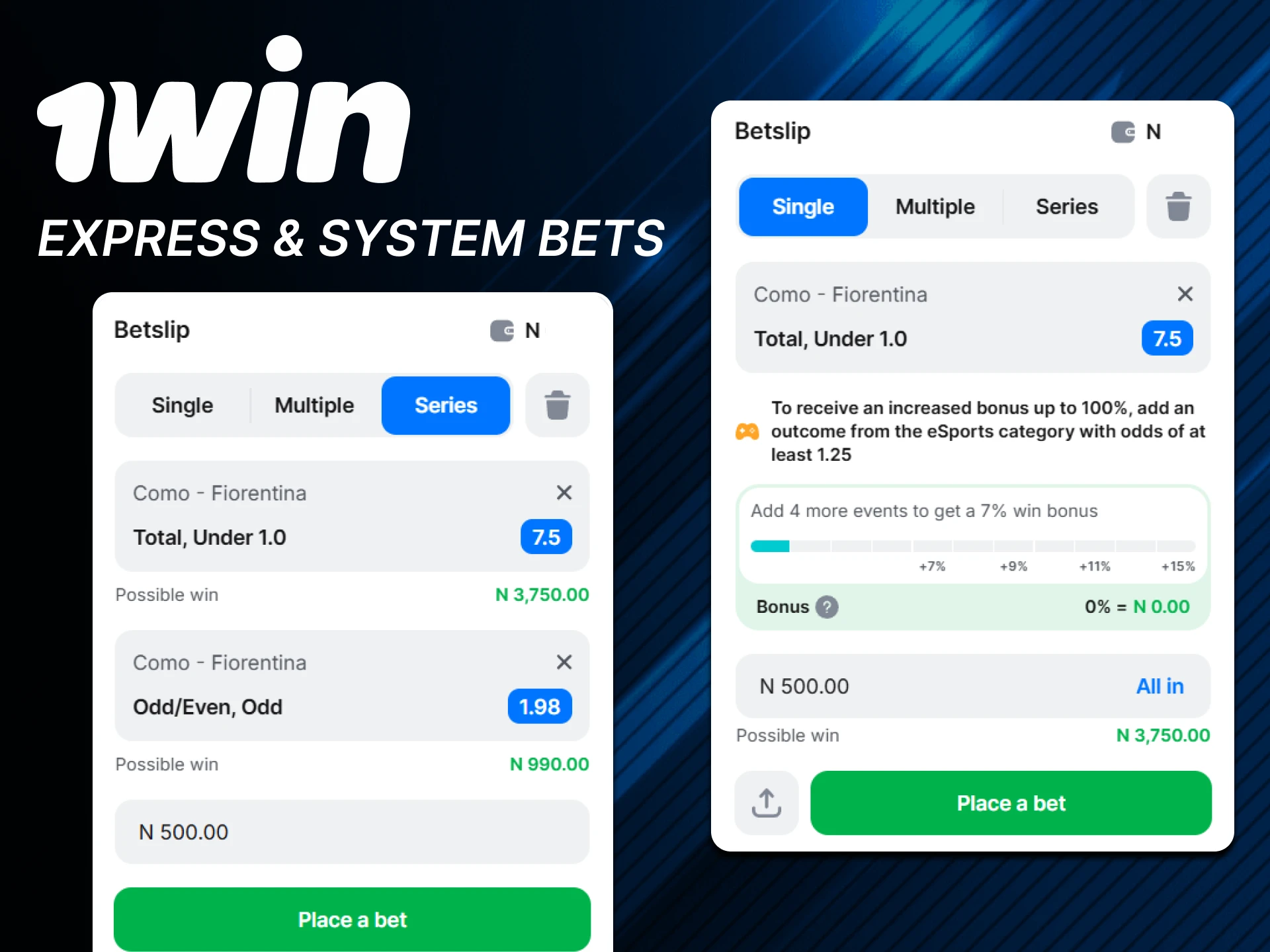 Express and System bets are available for football at 1win.