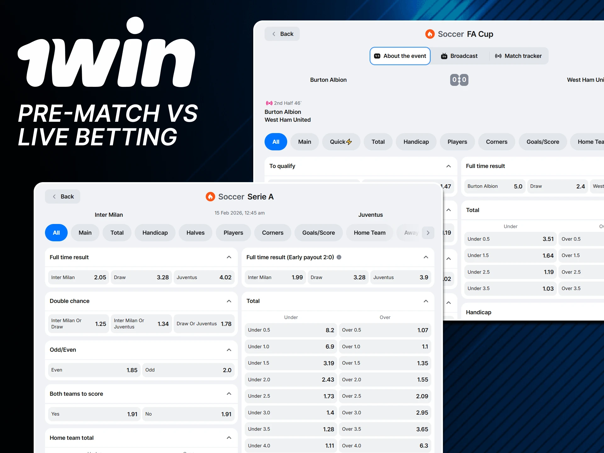 Upcoming or live football events, you choose what to bet on at 1win.