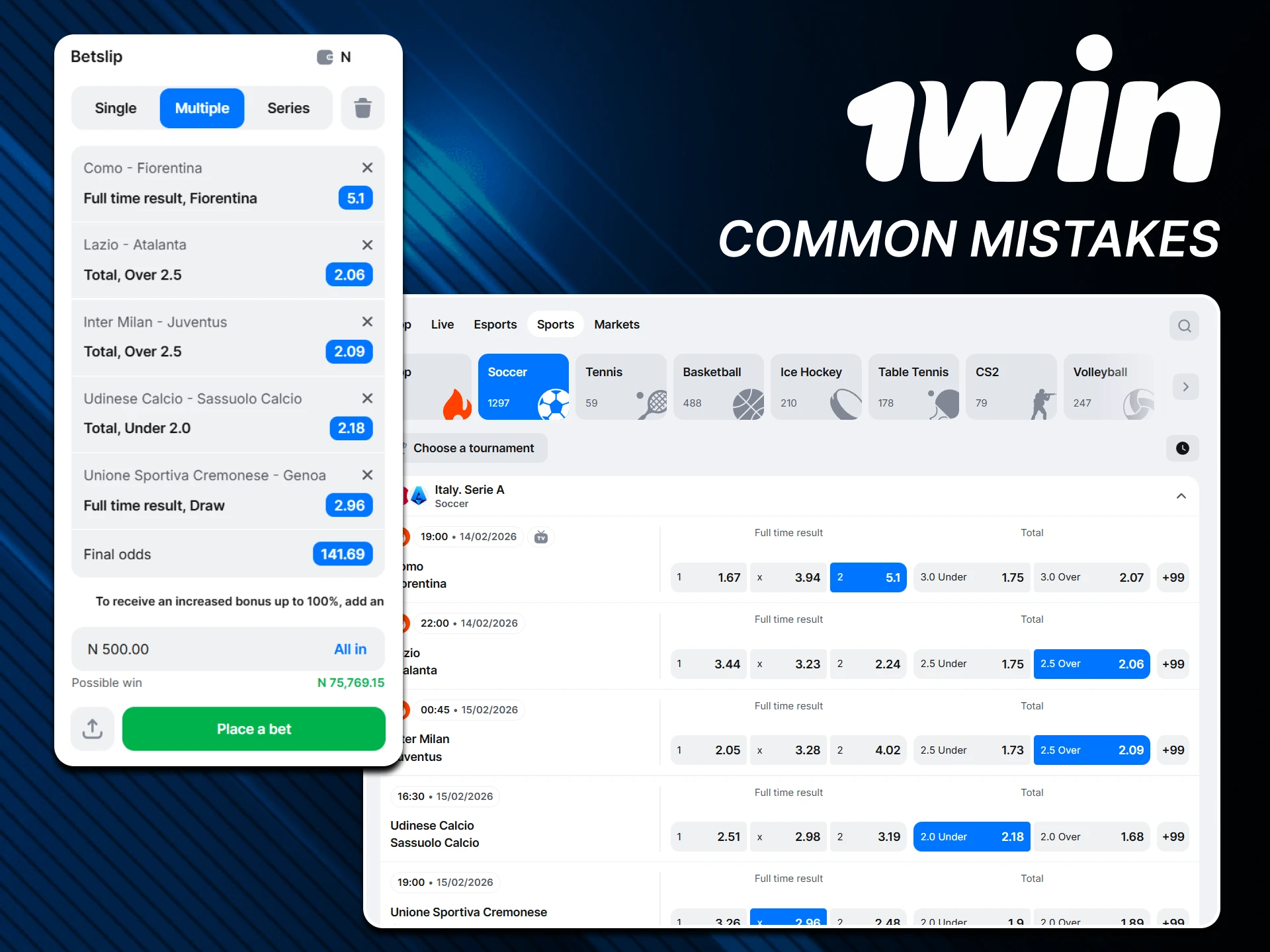 Don't make mistakes when betting on football on the 1win website.