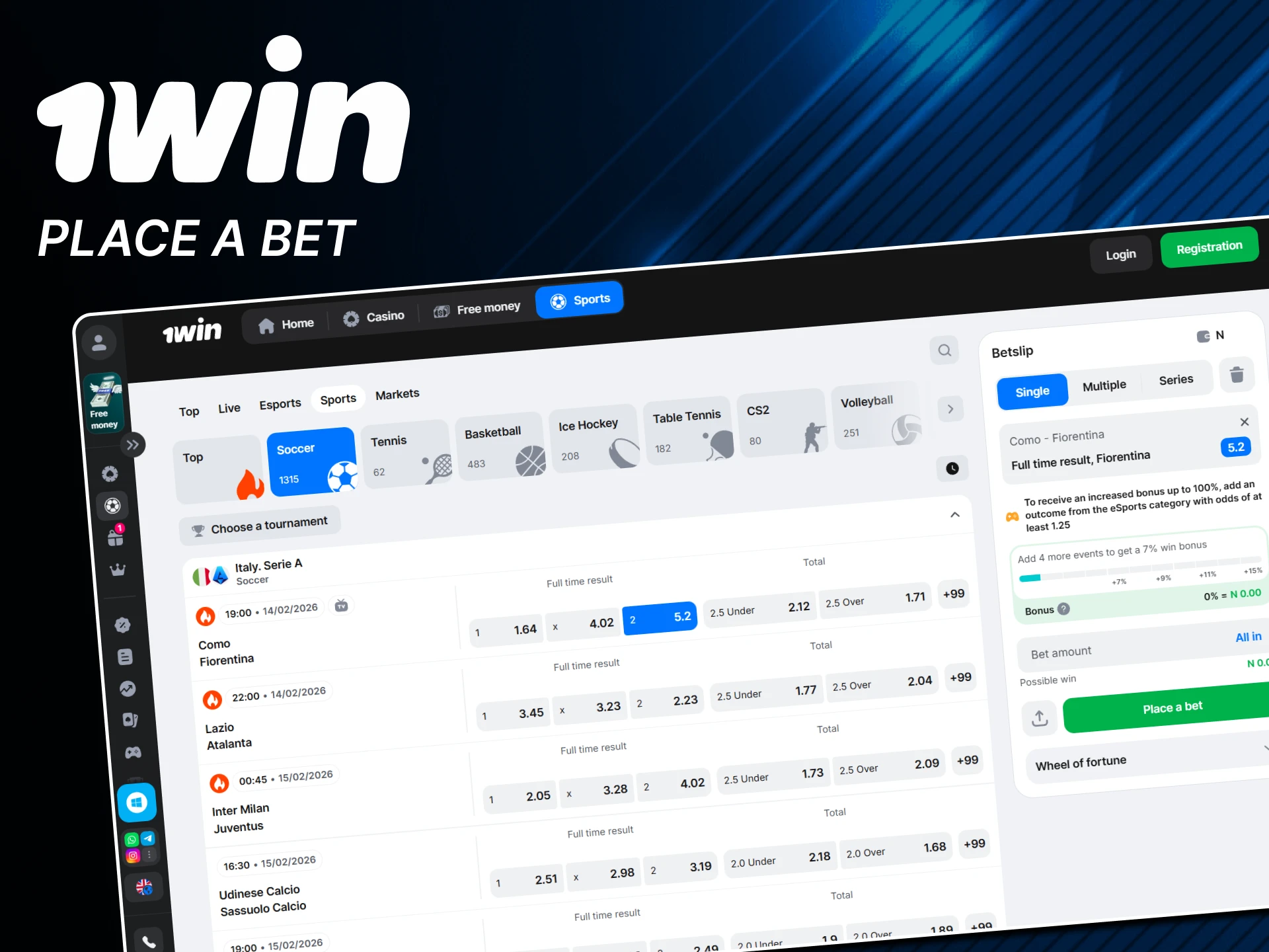 You only need to take a few steps to place football bets on the 1win website.