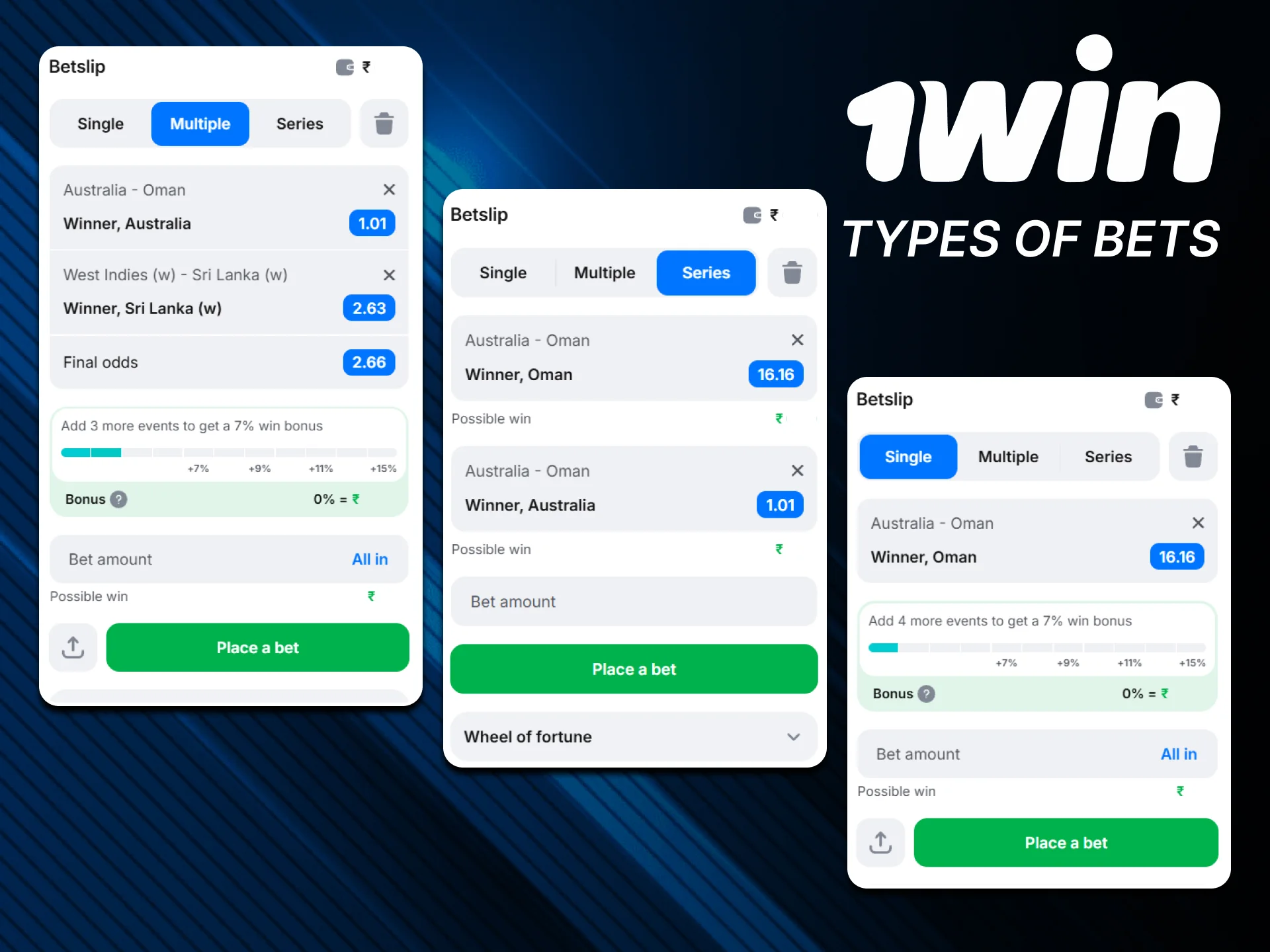 Explore various bet types on official 1win website.