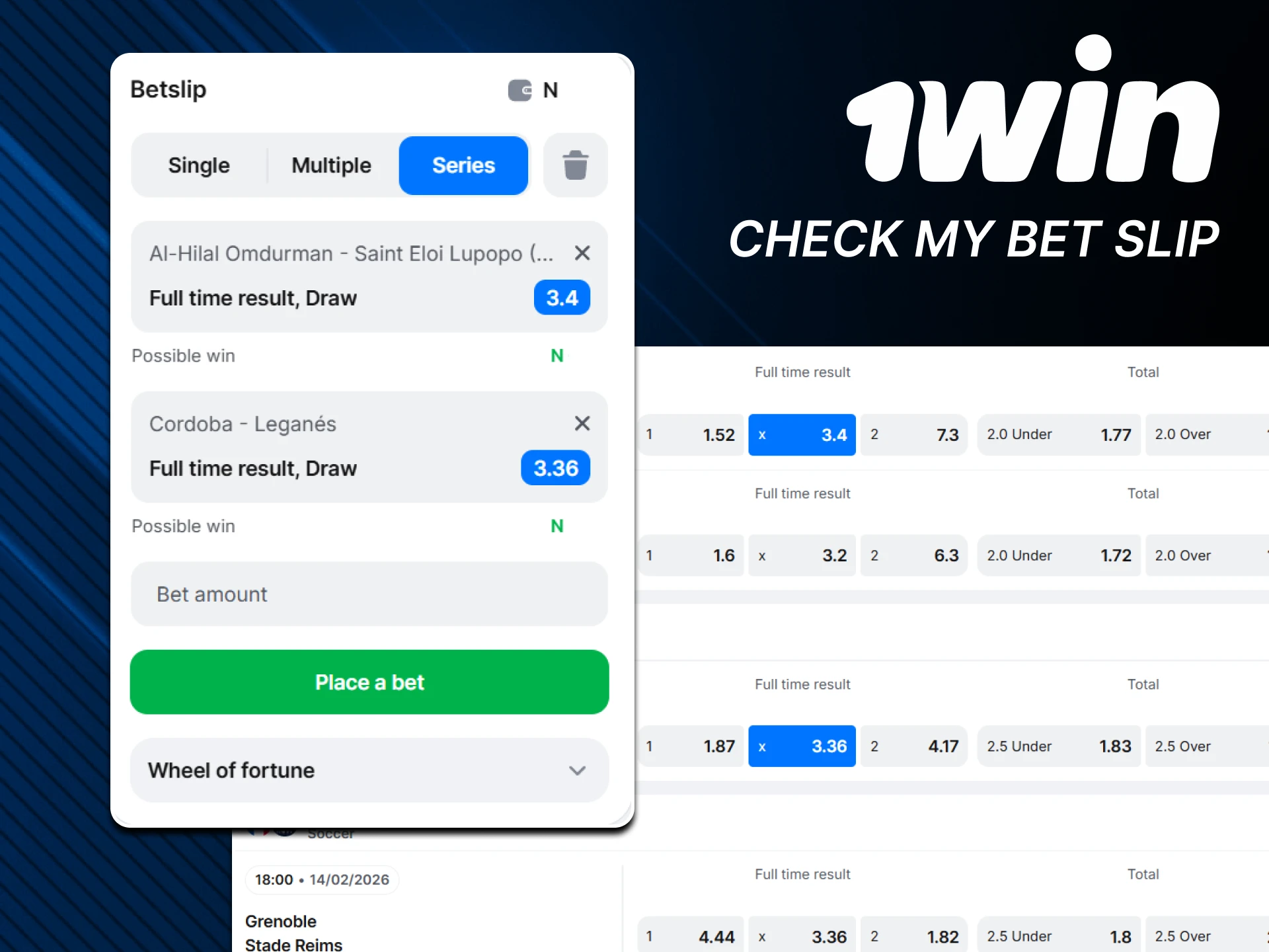 Keep track of your bets in the convenient Bet Slip from 1win.