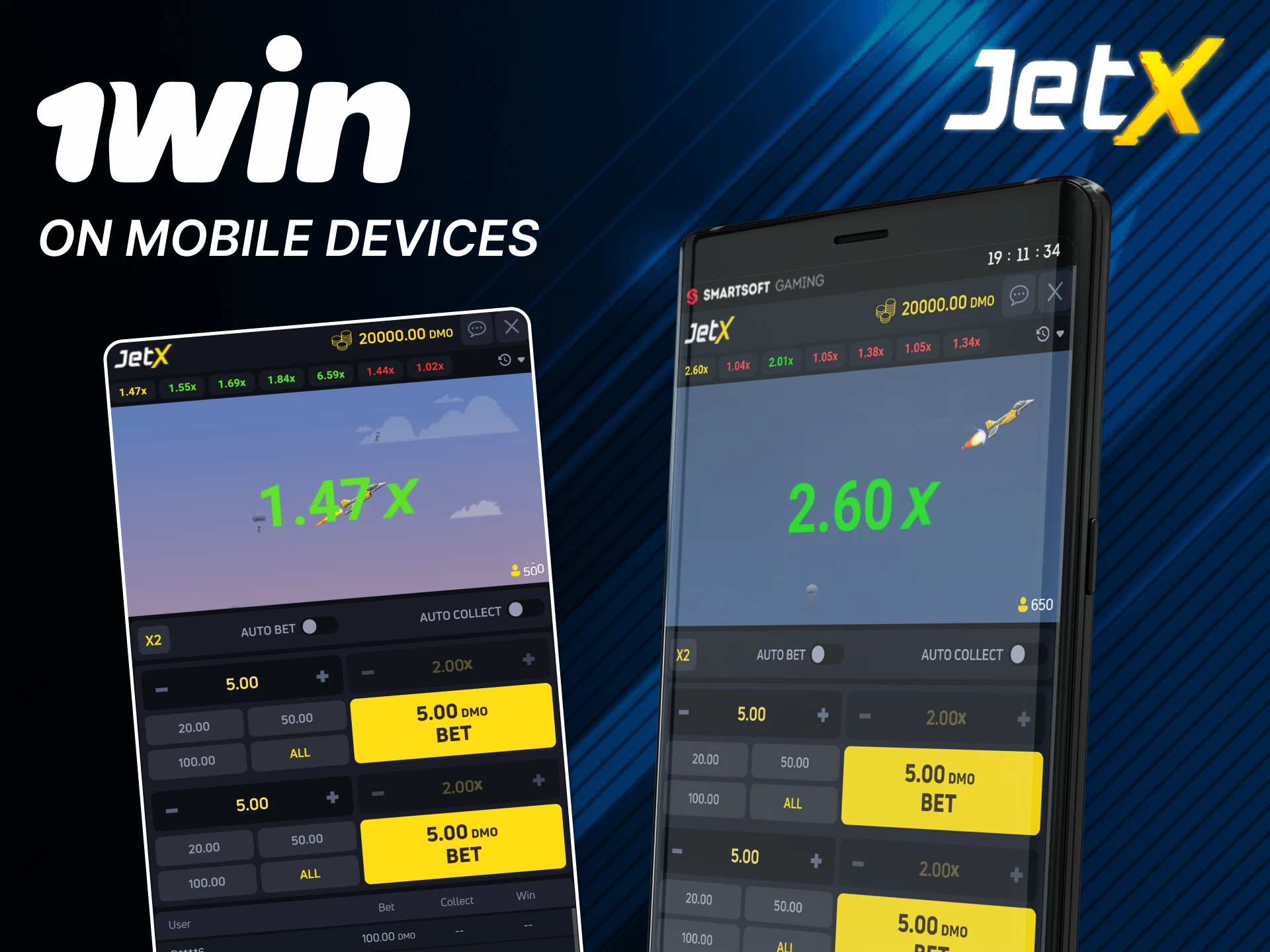 Install the 1win application on your phone and play JetX.