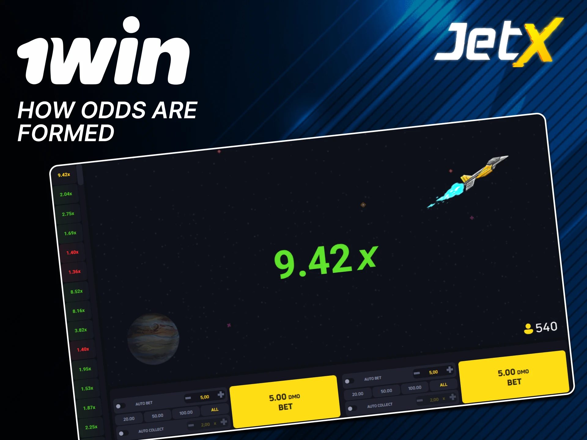 The probability of winning with high odds in the JetX game is high at 1win.