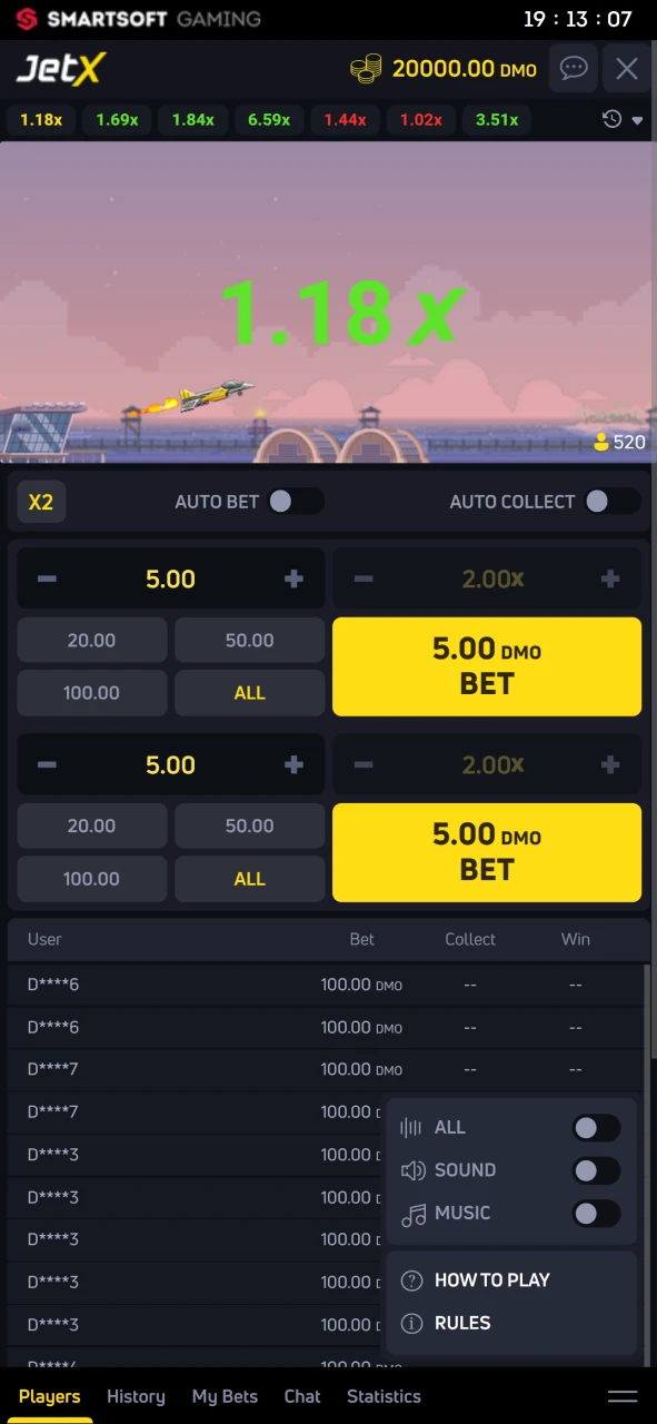 Use the menu in the JetX game from 1win.