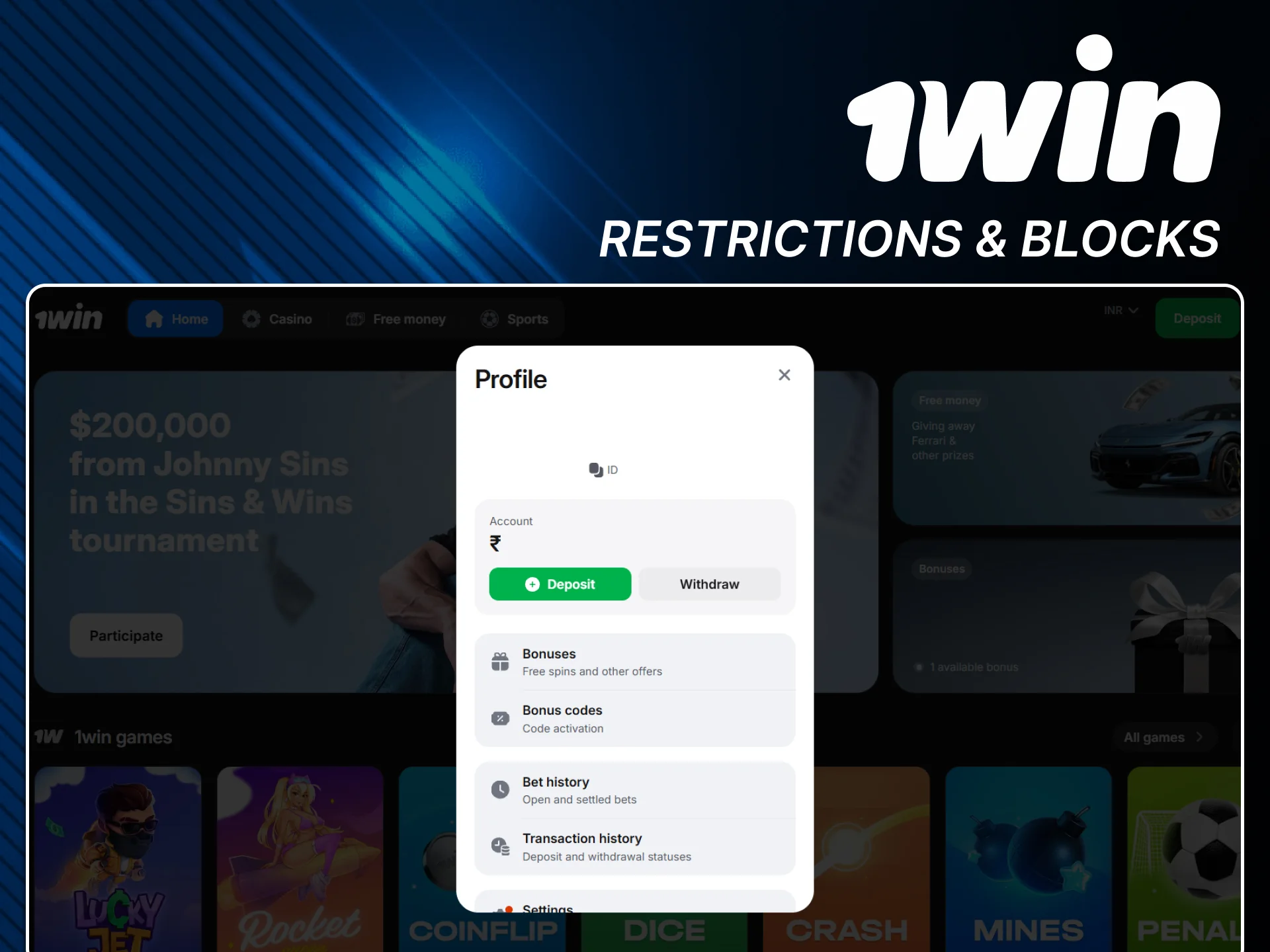 Manage account blocks on the official 1win website.