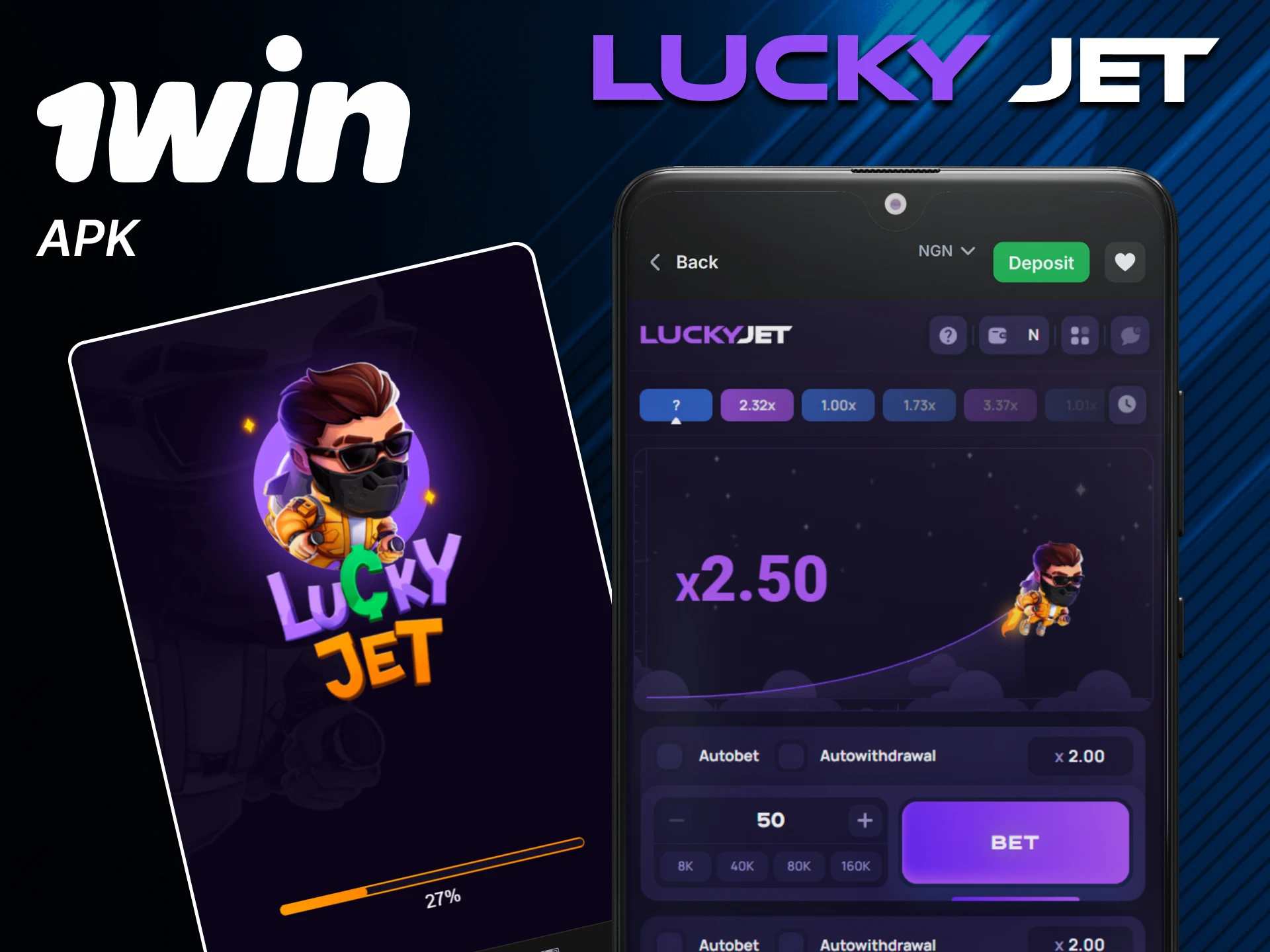 Install the 1win app to play Lucky Jet.