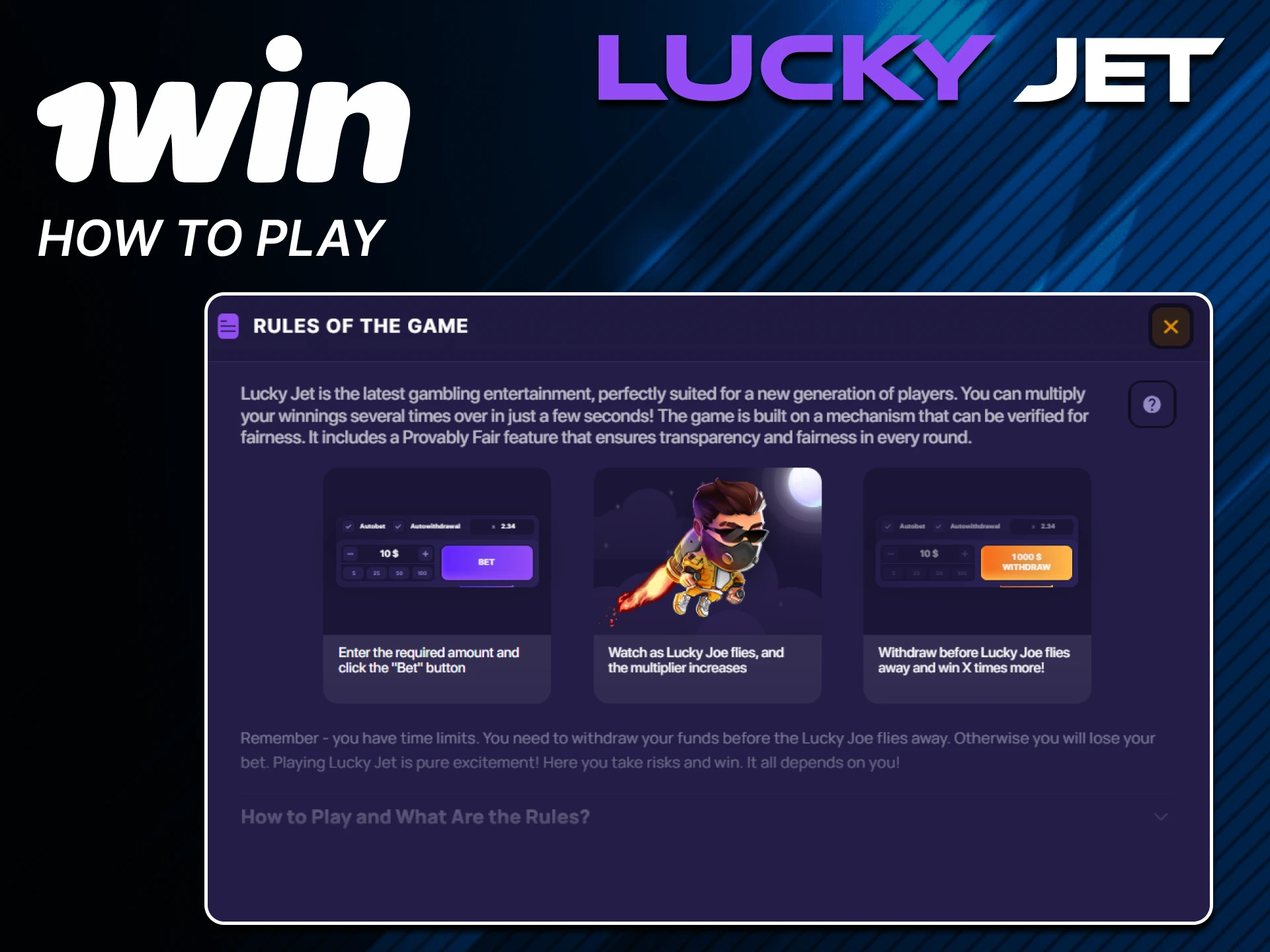 Go to the casino section to try your hand at the Lucky Jet game from 1win.