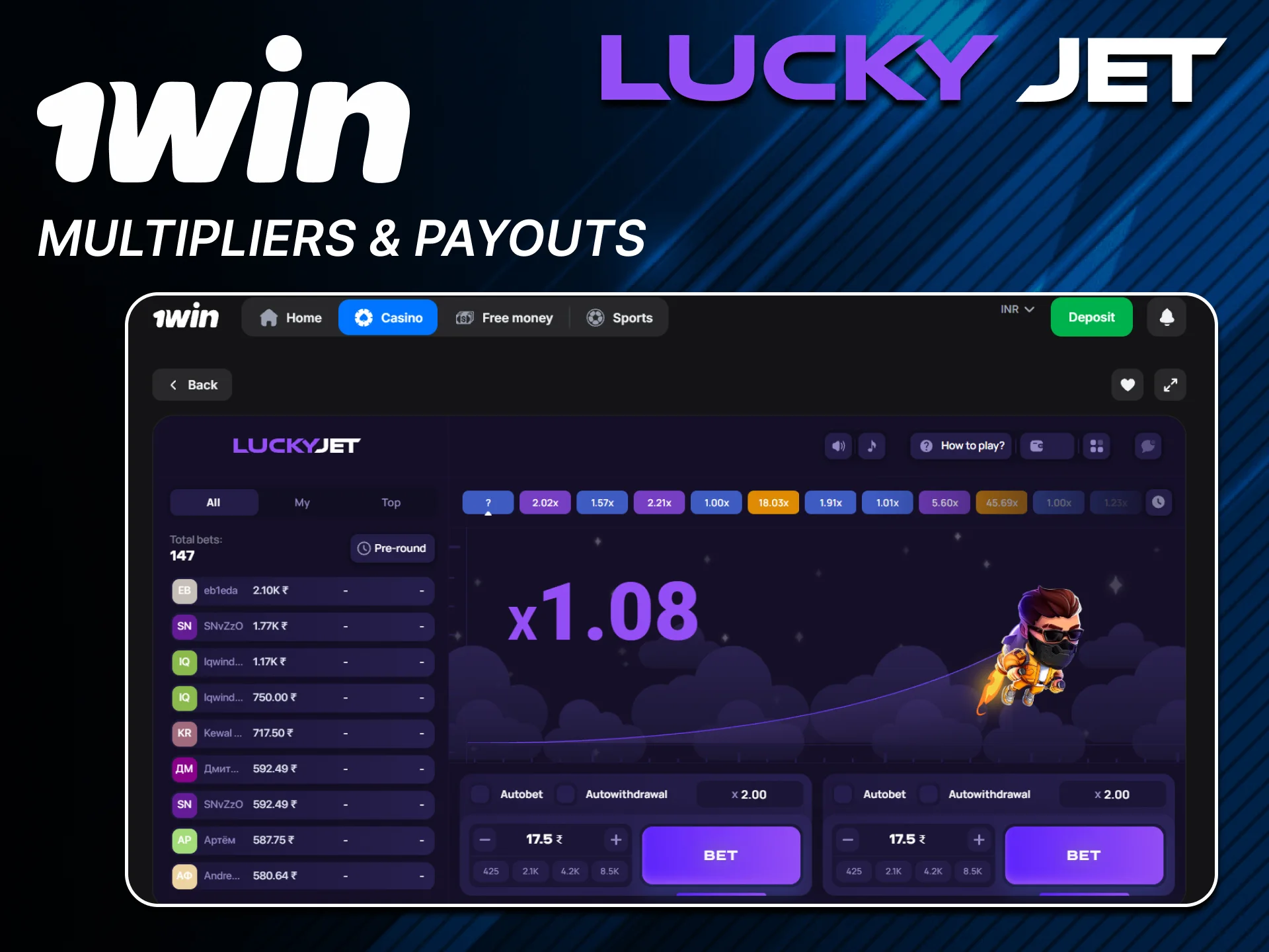 Check Lucky Jet multipliers on official 1win website.