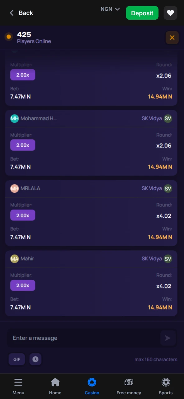 Chat with Lucky Jet players in the 1win game chat.