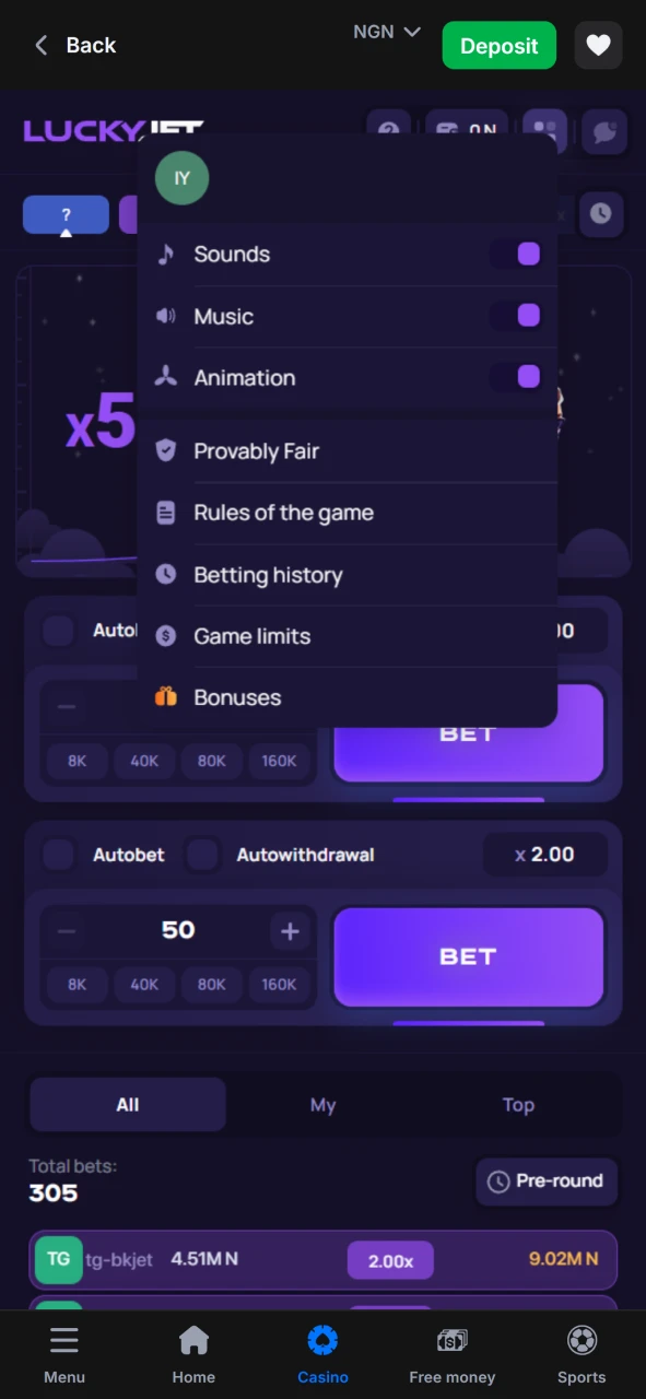 Set up the Lucky Jet game from 1win in the menu section.