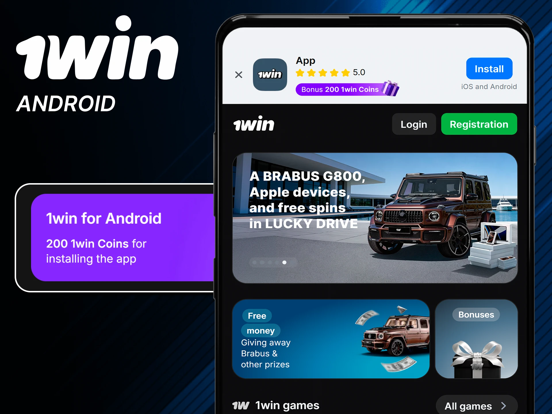 Install the 1win app for Android.
