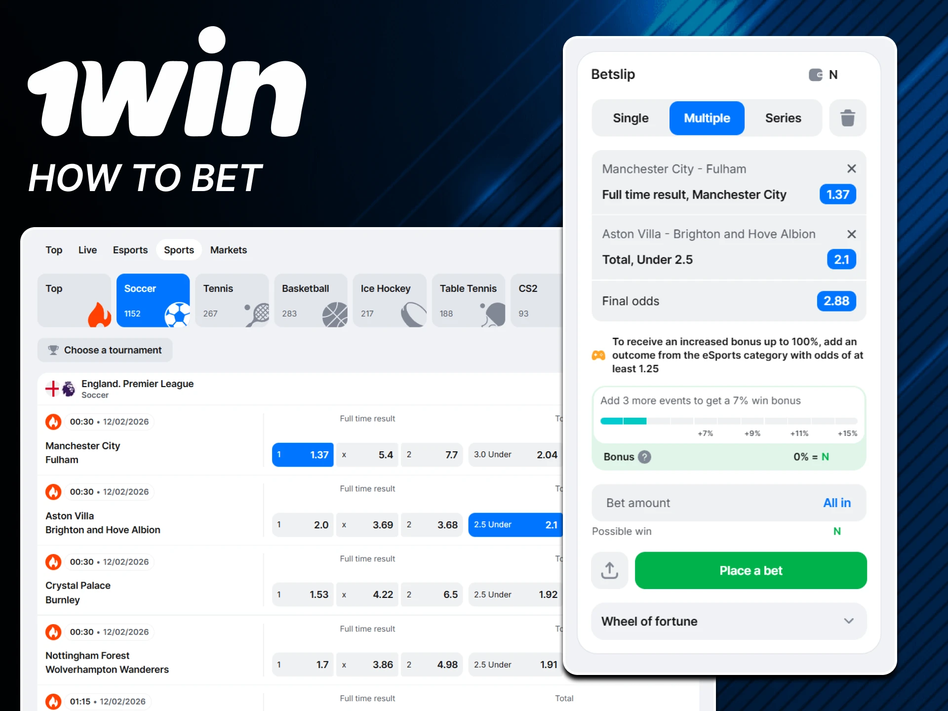 Place your first sports bet with 1win.