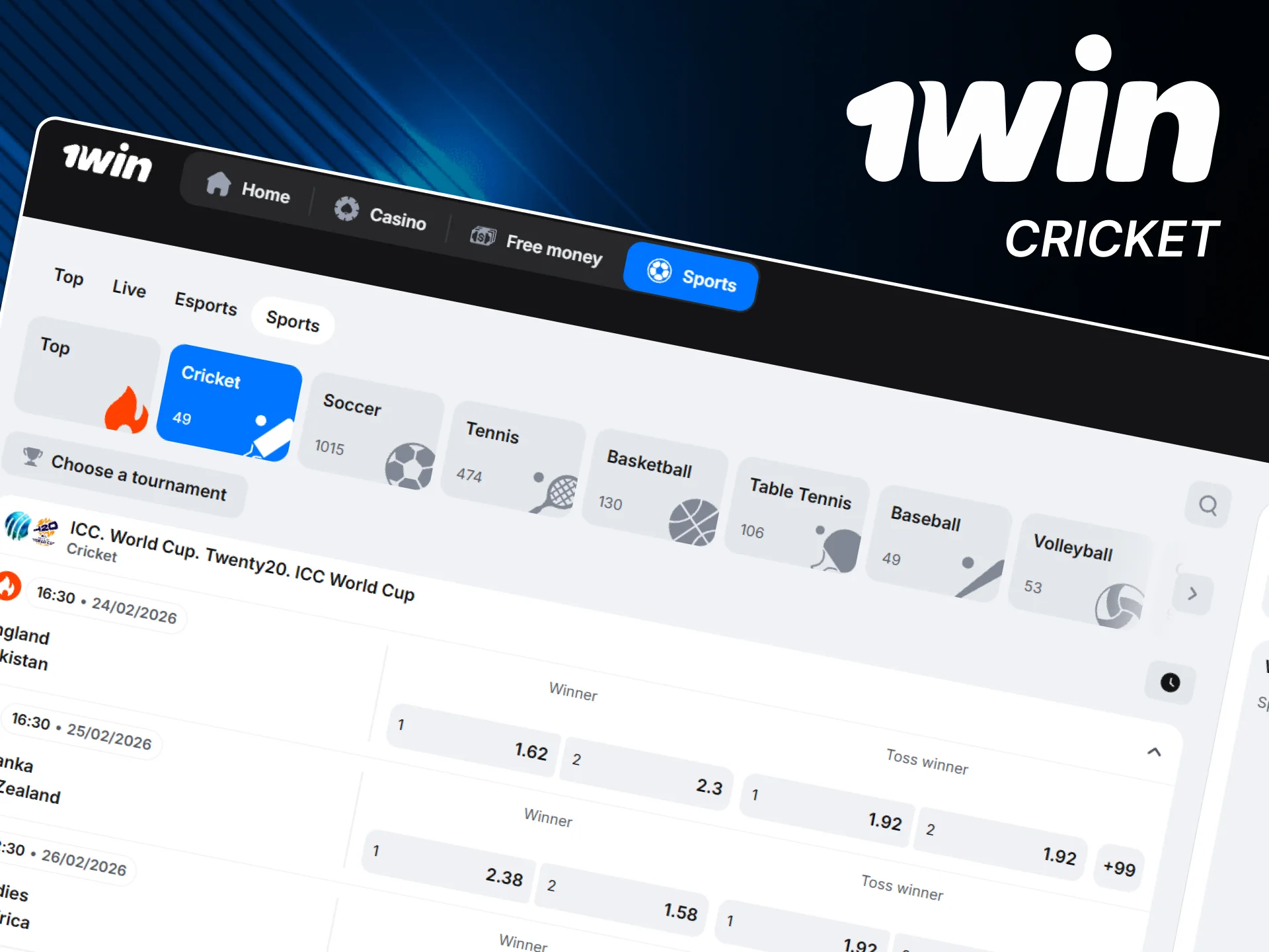 Place cricket bets on the official 1win platform.