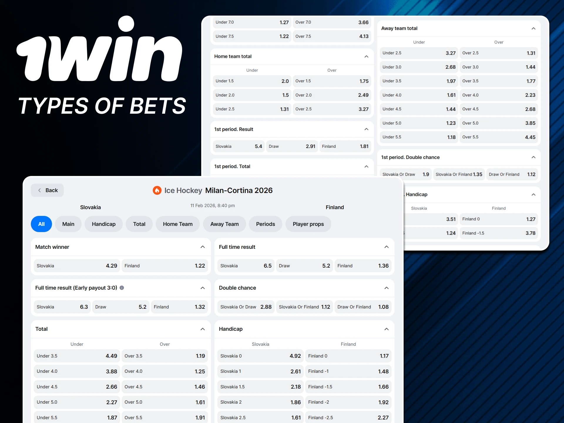 You will find various types of bets on 1win.