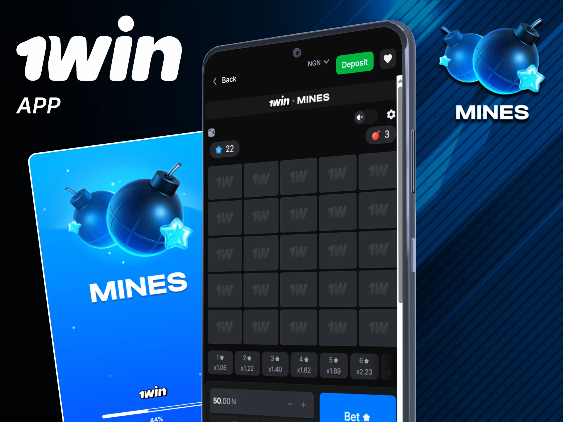Find the game Mines in the 1win app.
