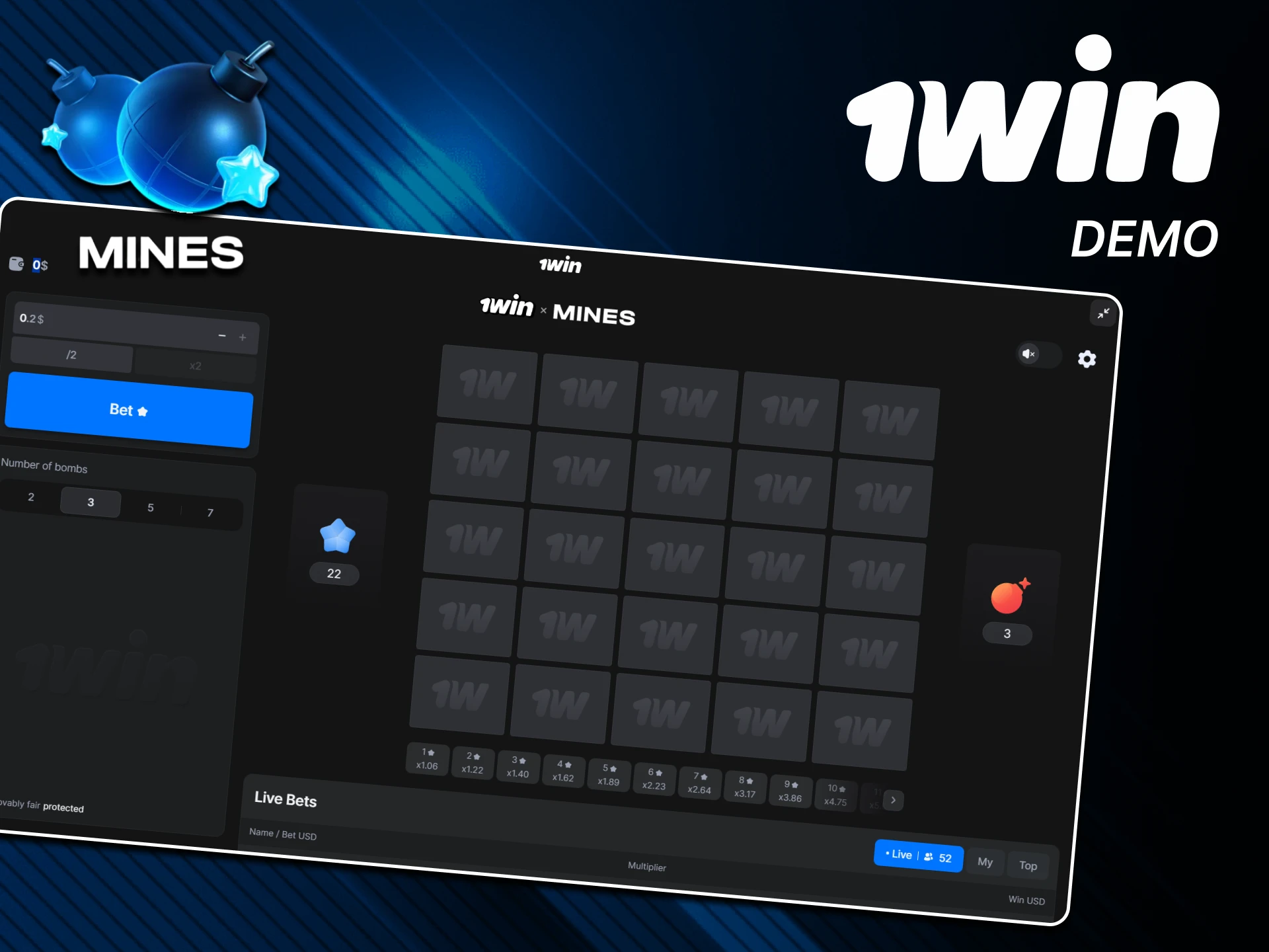 Try your luck in the demo version of the game Mines from 1win.