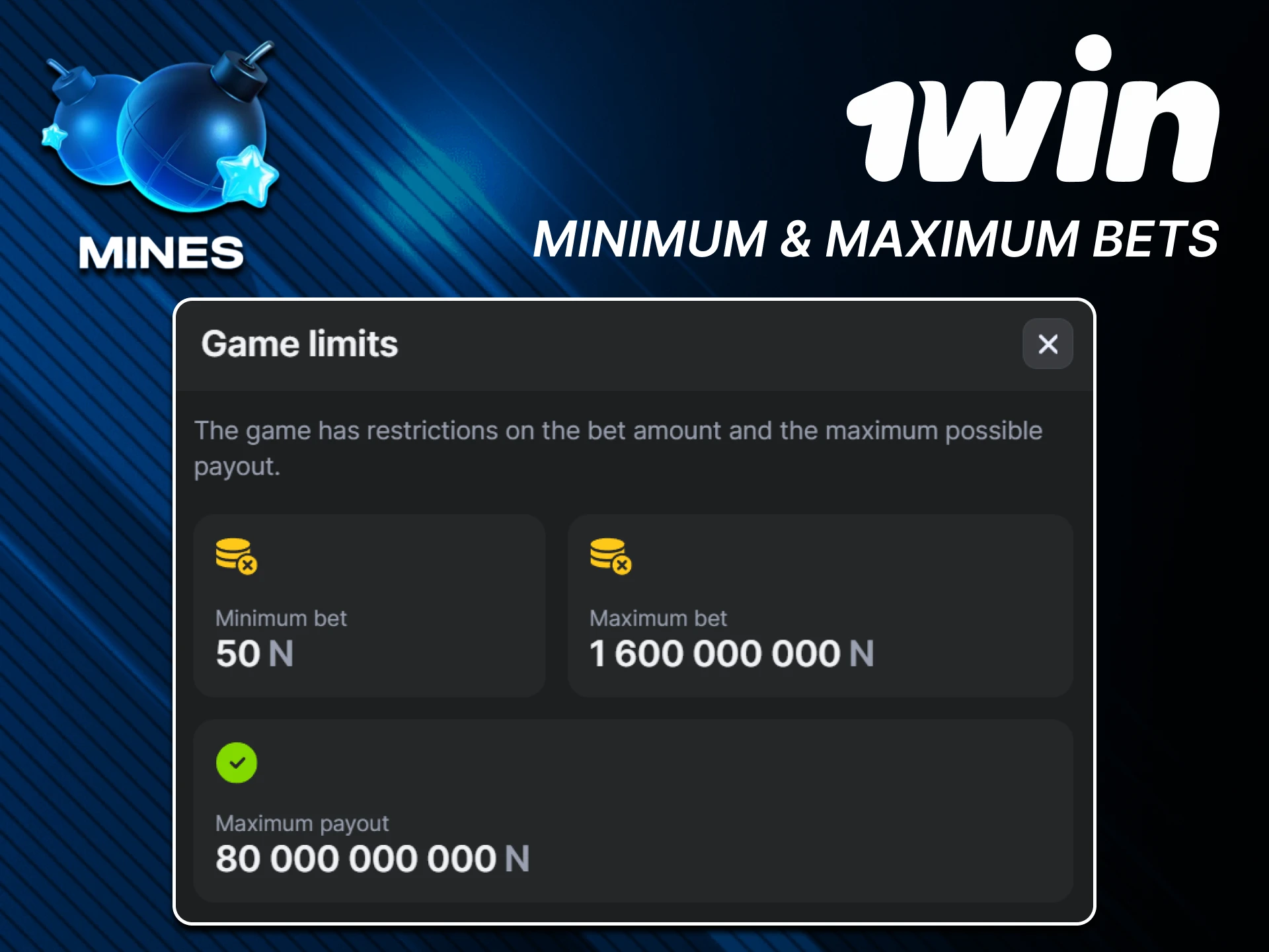 Manage your bet size in the Mines from 1win game.
