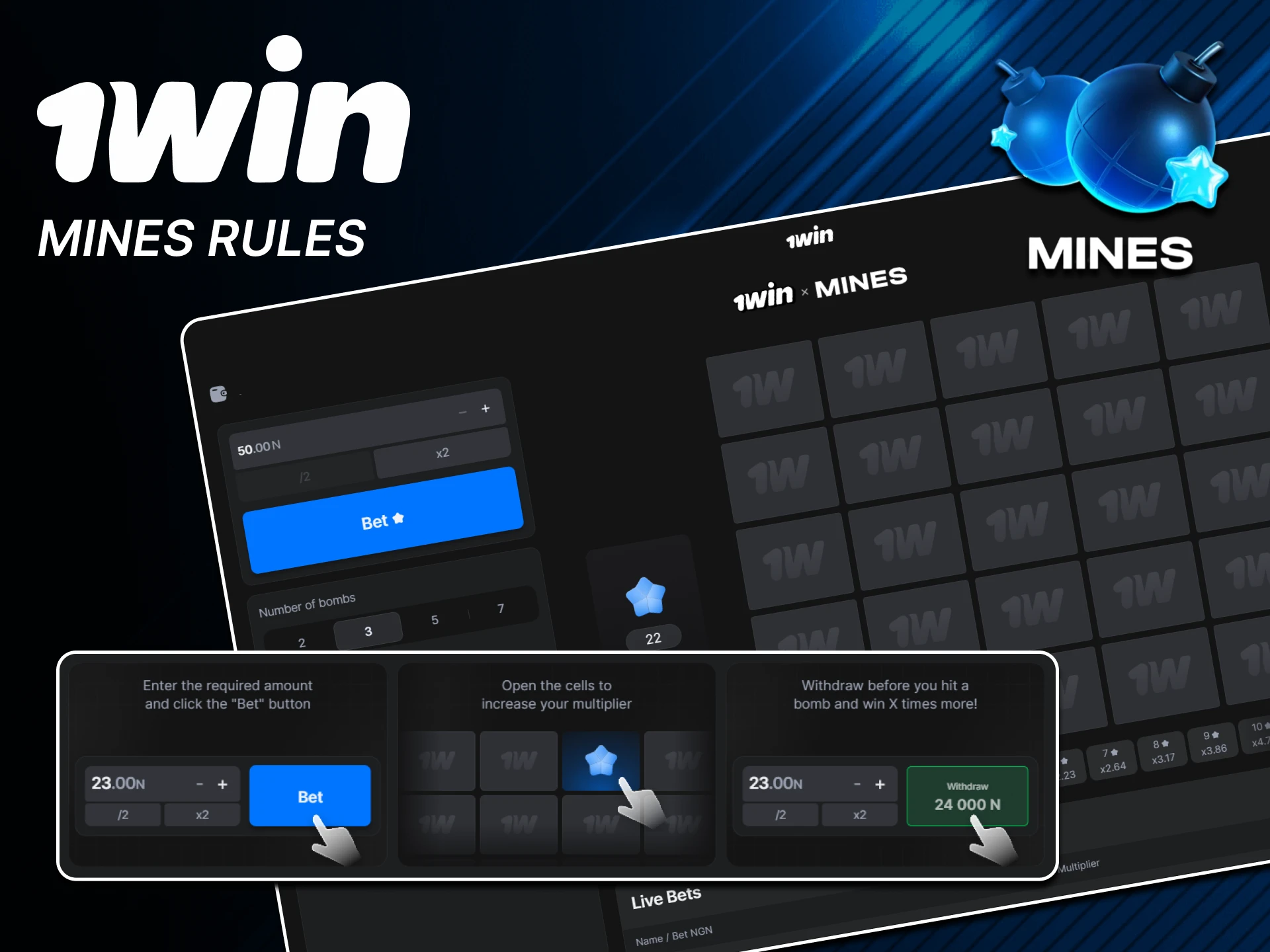 Learn the main rules of the game Mines from 1win.