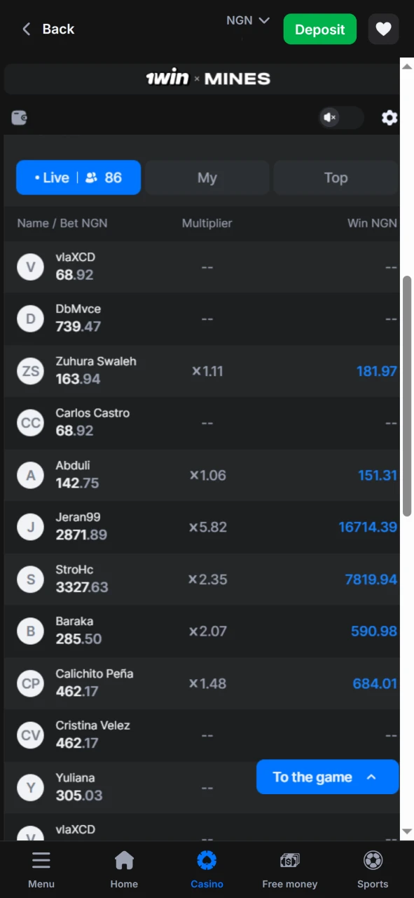 Follow the bets in the game Mines from 1win.