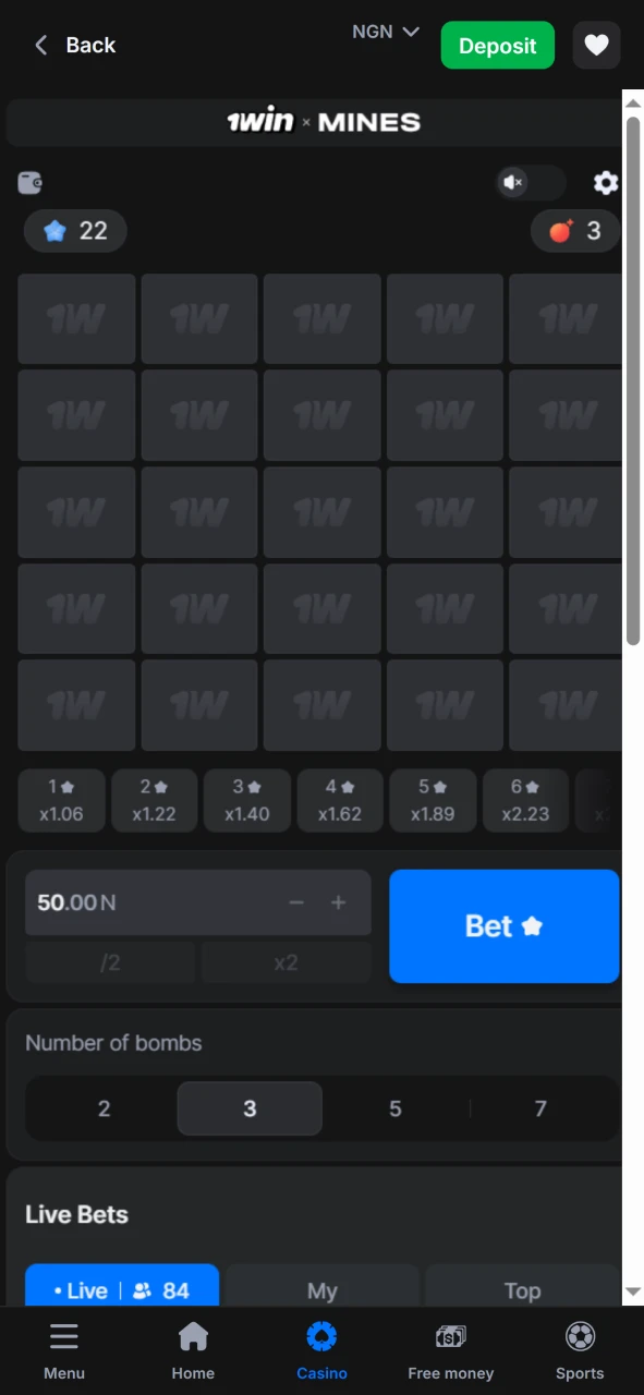 We will provide the interface for the game Mines from 1win.