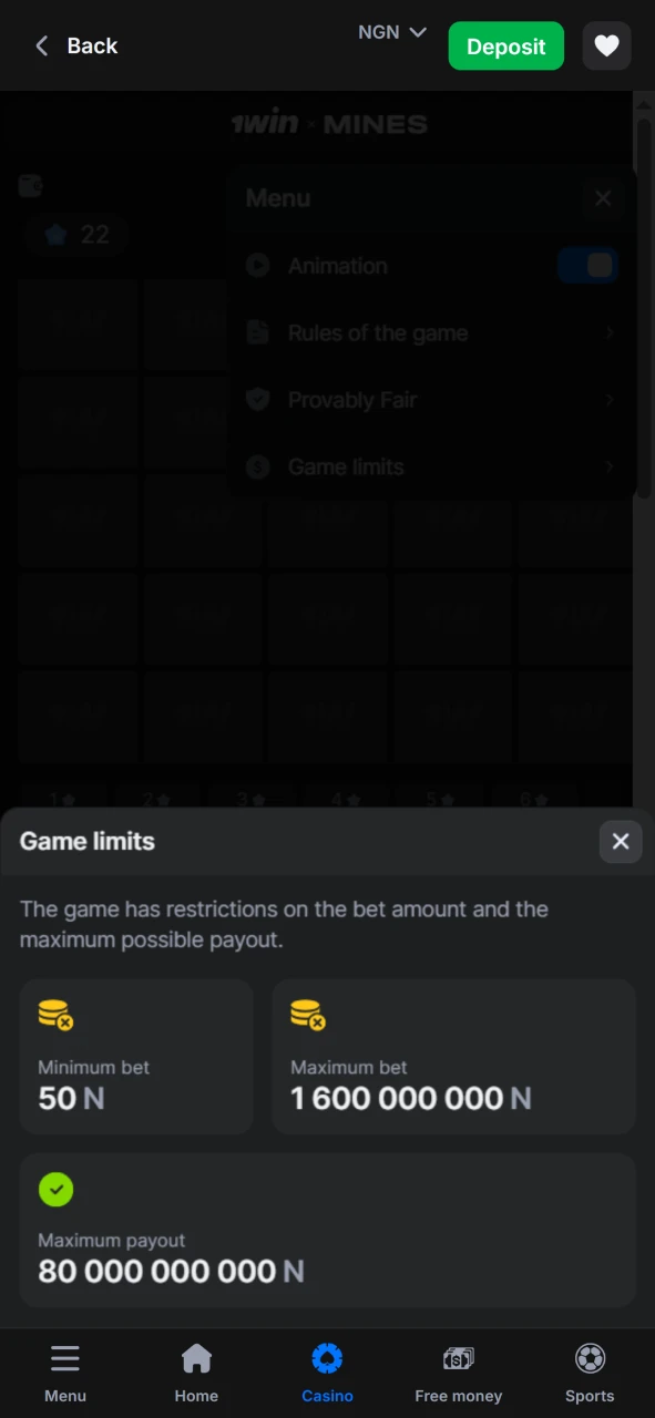 Explore the betting limits in the Mines from 1win game.