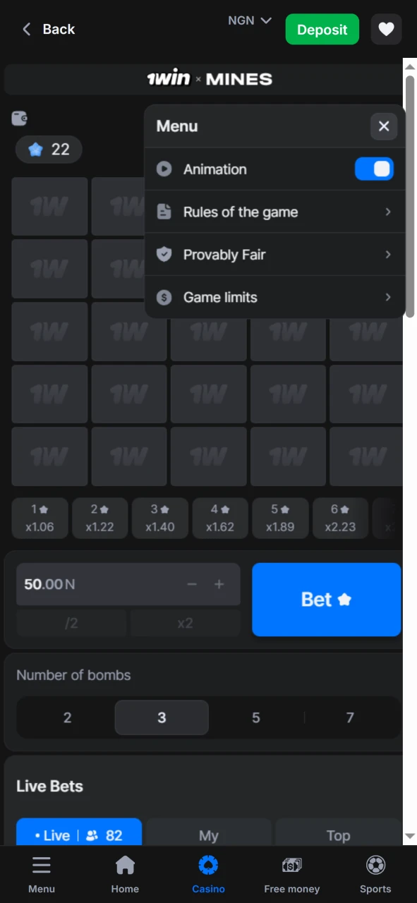 Use the menu of the game Mines from 1win for your convenience.