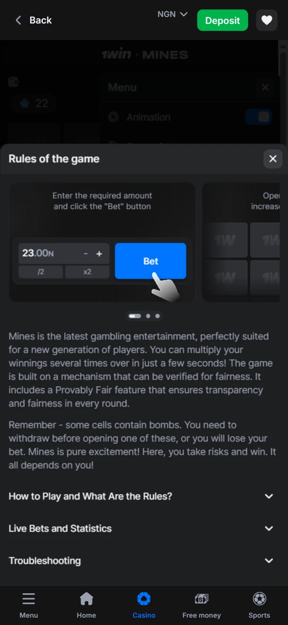 There are rules in the game menu Mines from 1win.