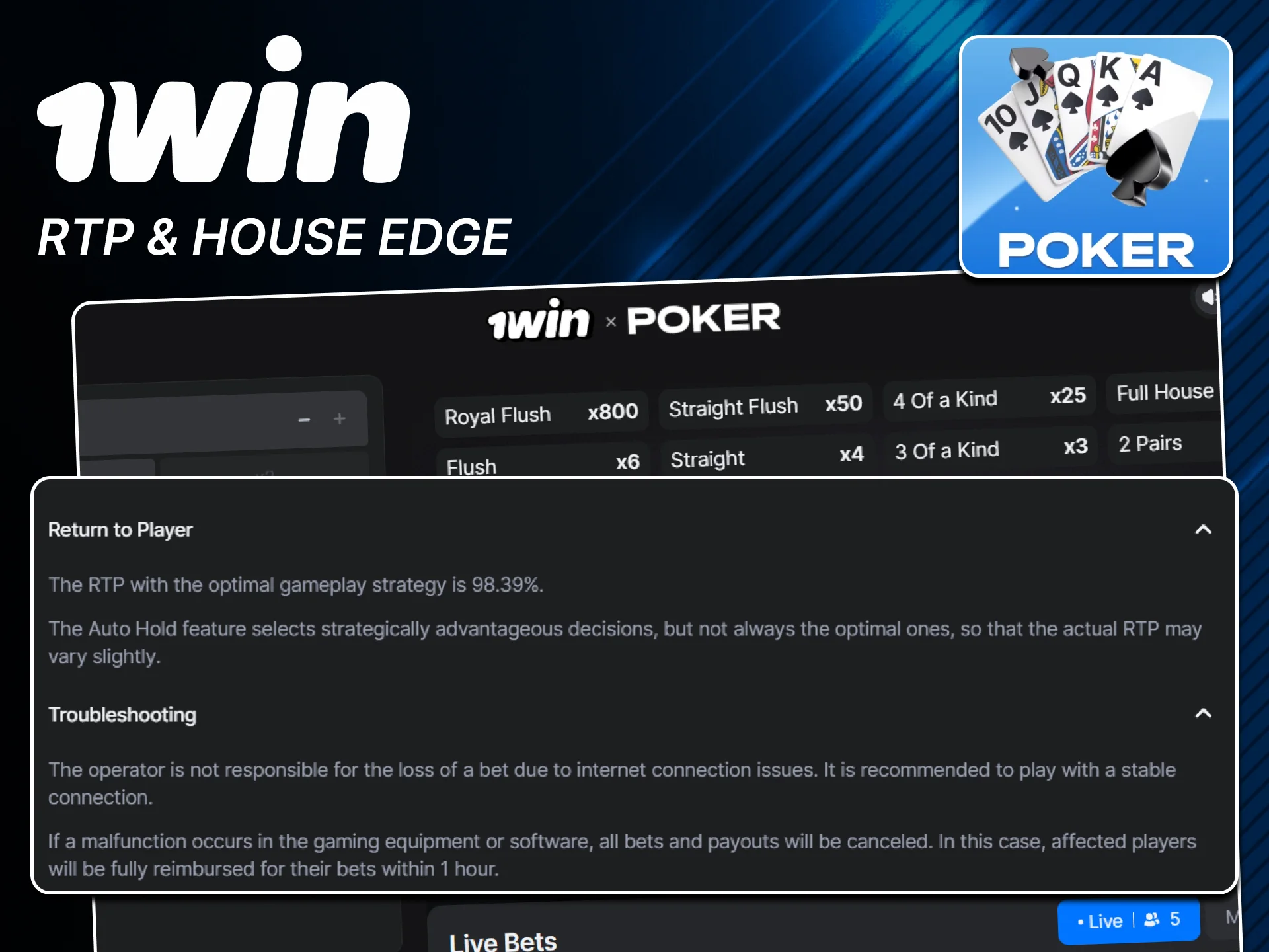 Review official 1win Poker house edge and RTP.