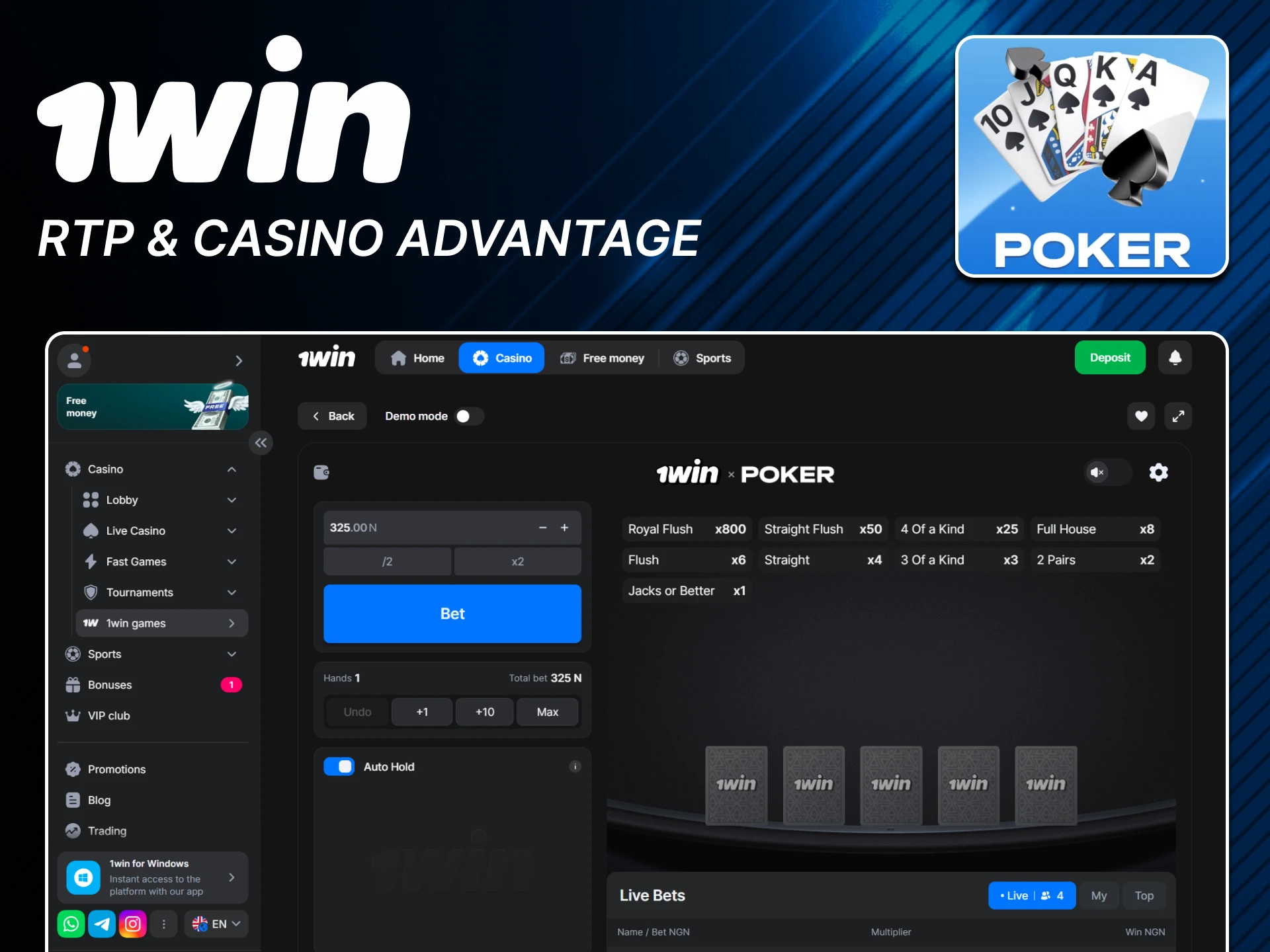 Find out your odds of winning at Poker from 1win.