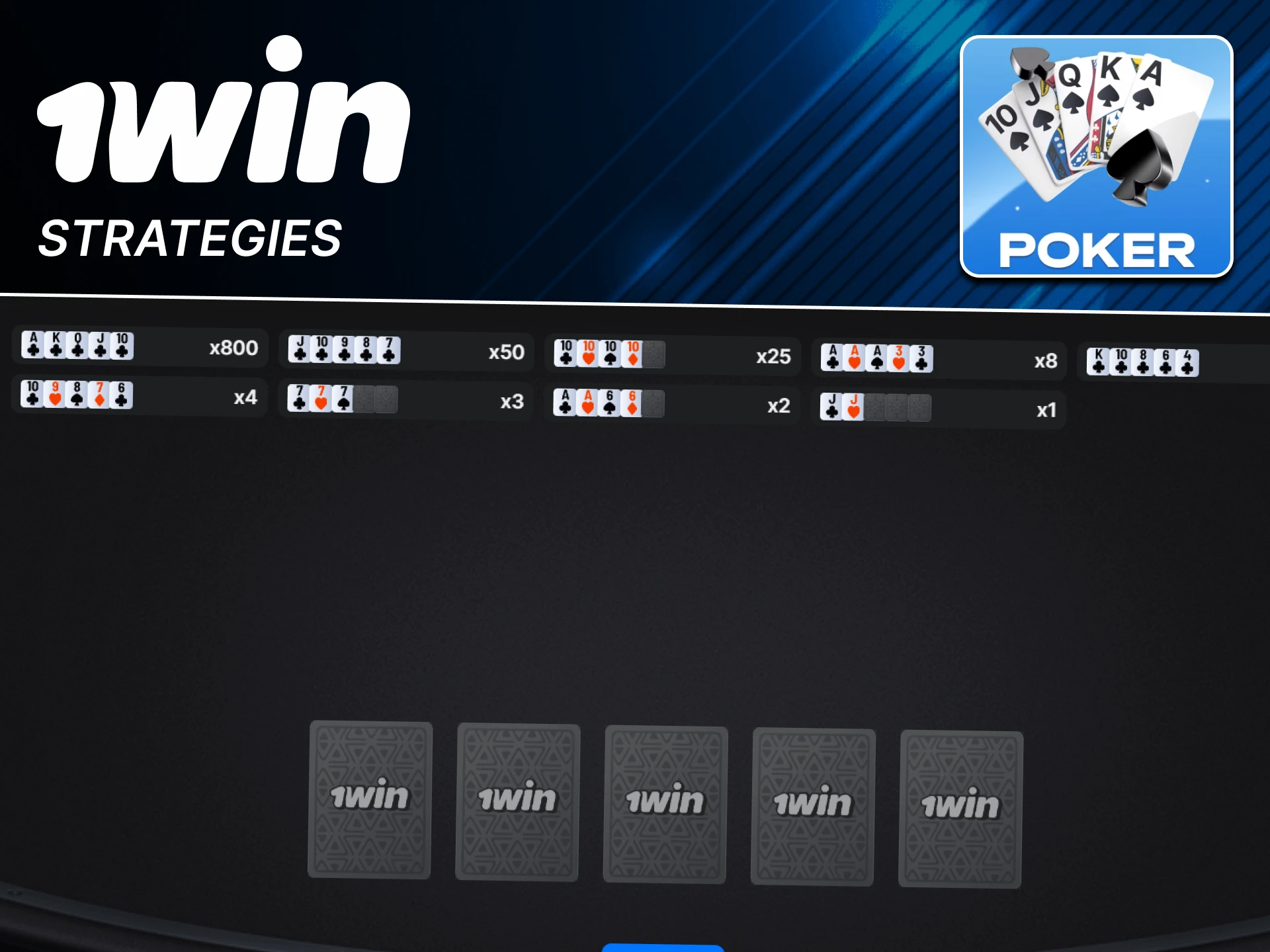 There is a large selection of strategies for 1win Poker.
