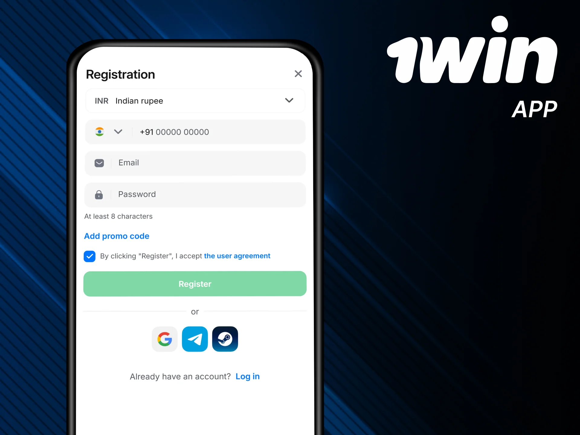 Register using the official 1win mobile app.