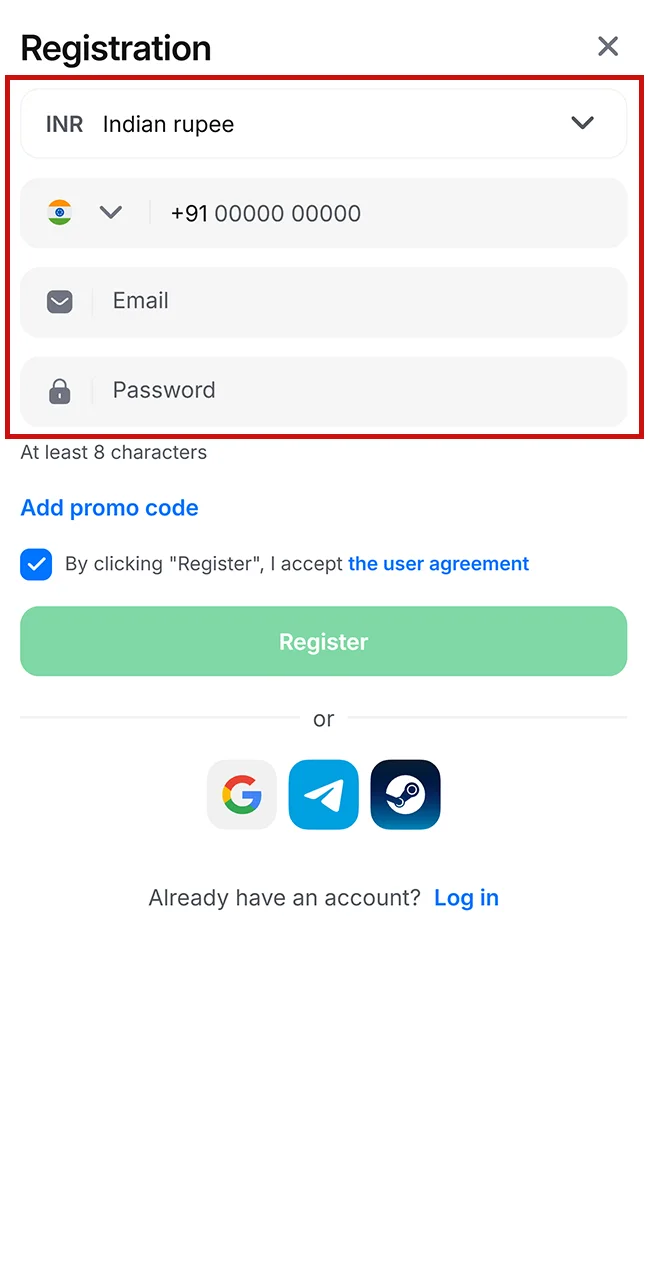 Fill in details on the official 1win platform.