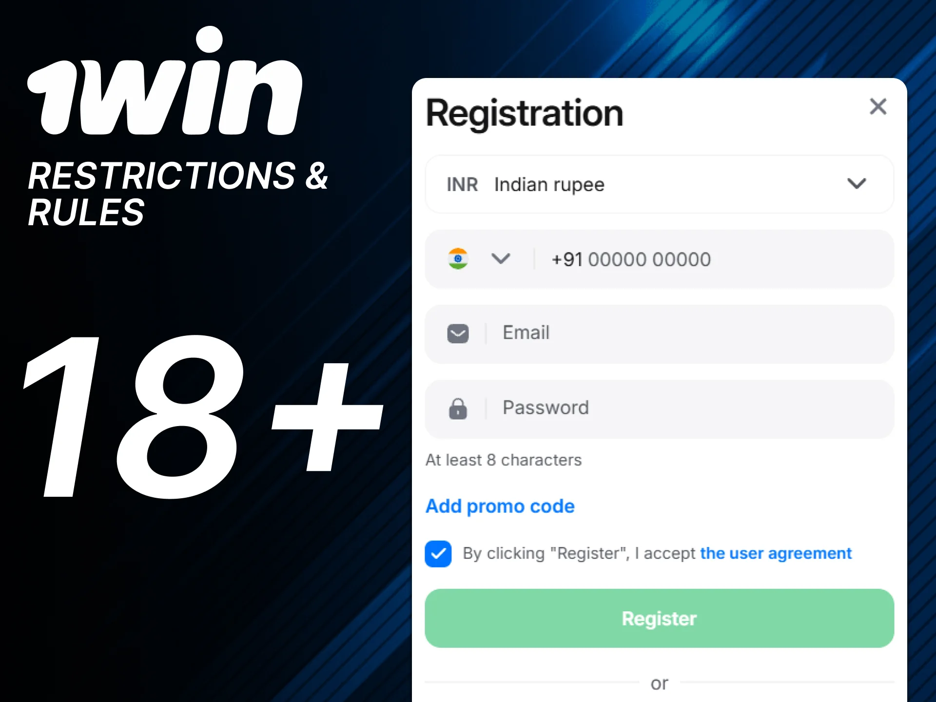 Read registration rules on official 1win website.