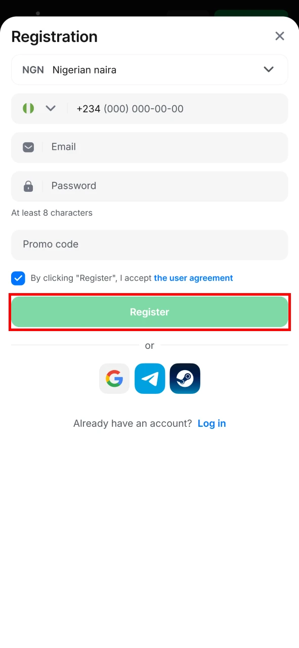 Complete registration for 1win.