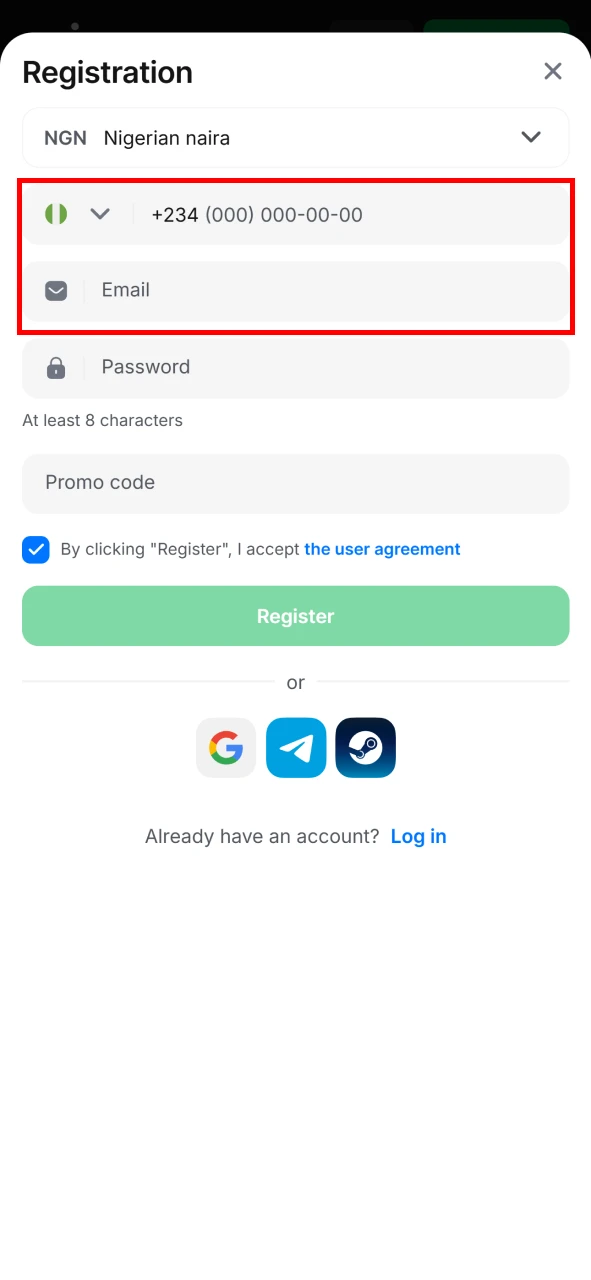 Fill in the phone number field in the 1win registration.
