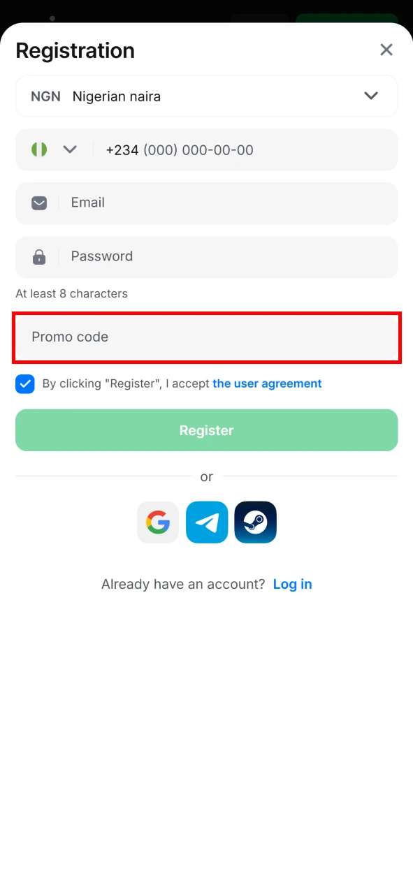 Use the promo code in the 1win registration window.